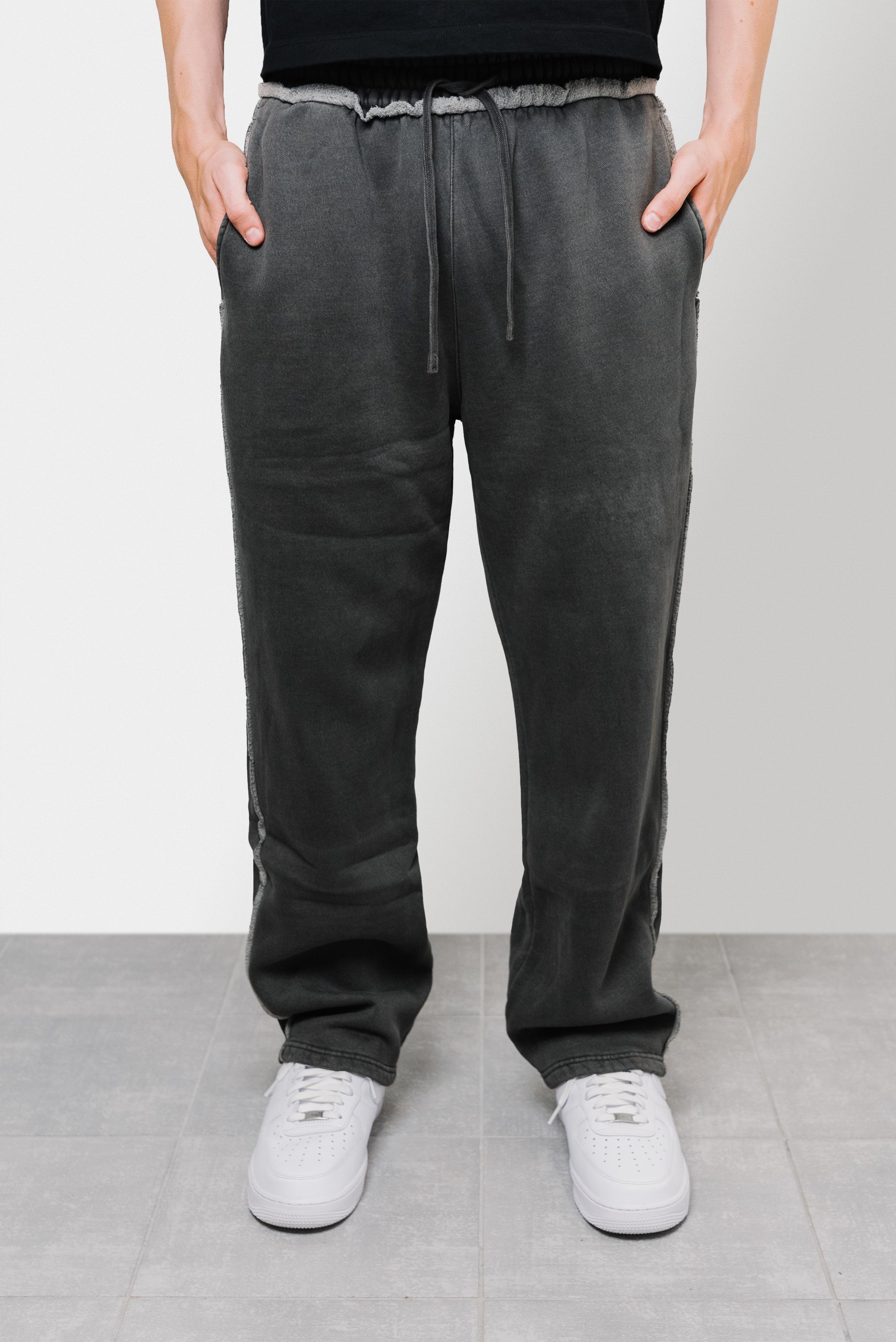 LOOSE DISTRESSED STRIPED STRAIGHT PANTS GREY - Shoebuya Brand