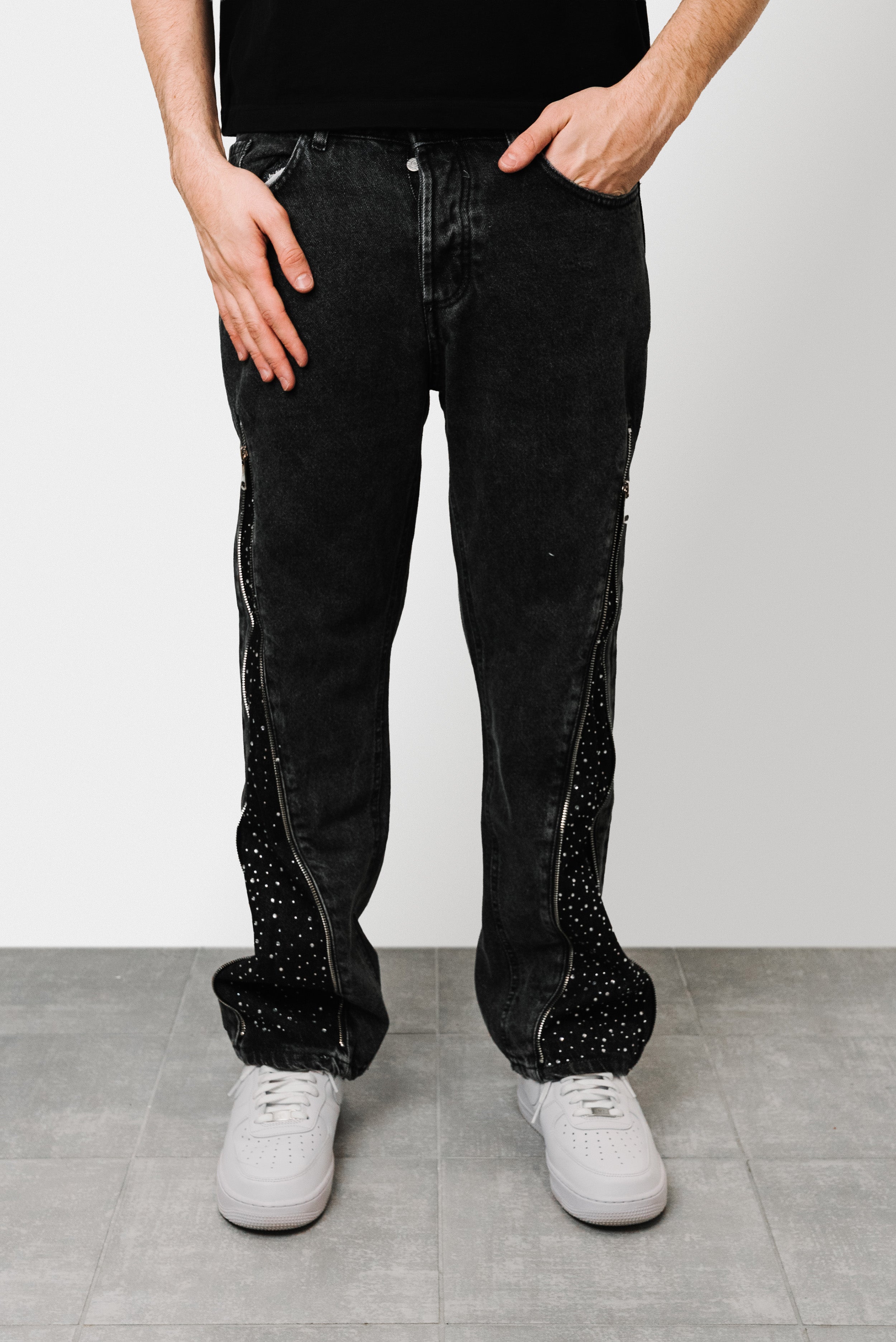 DENIM BLACK ZIP SPARCKLY JEANS - Replacement Brand