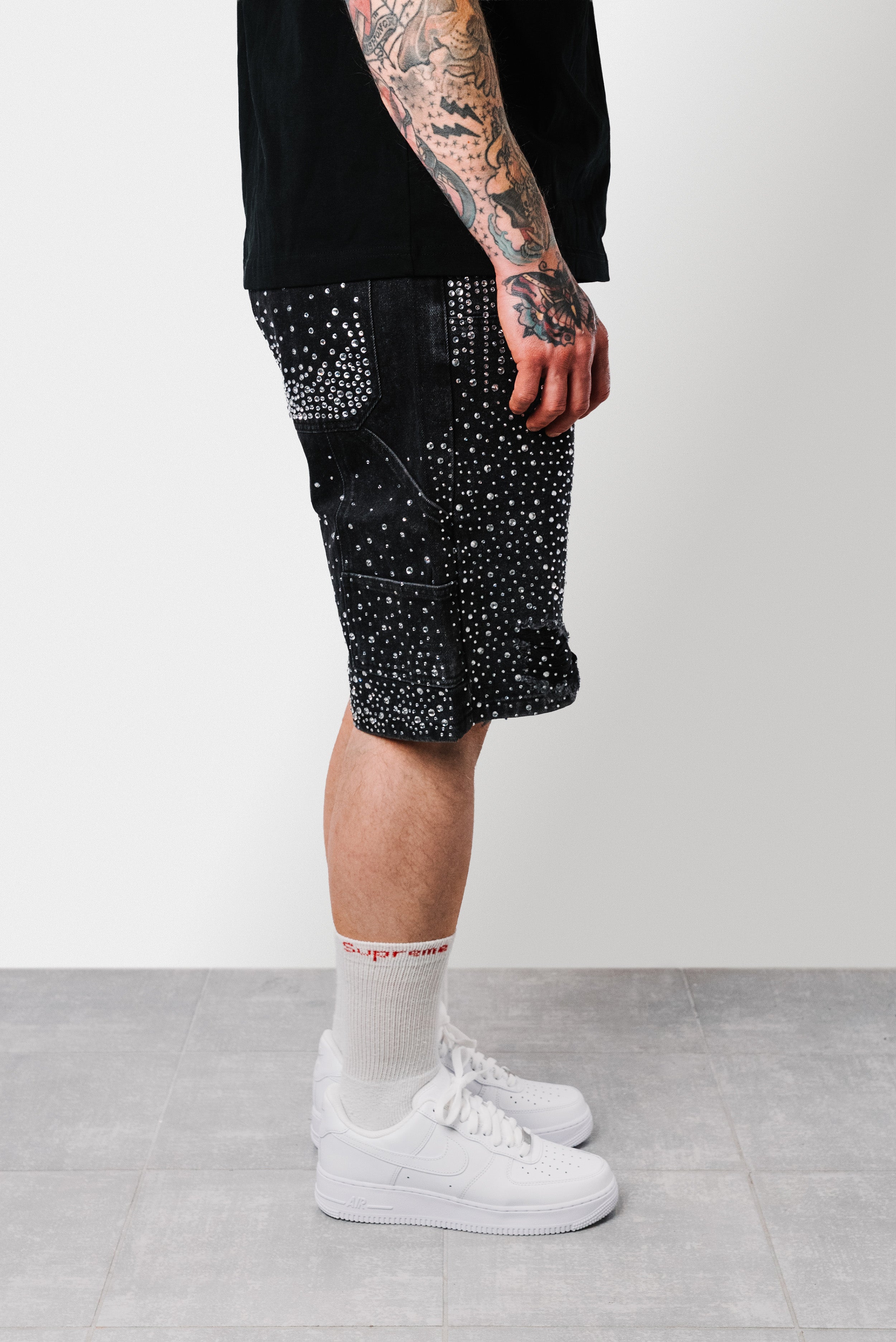 FULL GLITTER DENIM BLACK SHORTS - Shoebuya Design