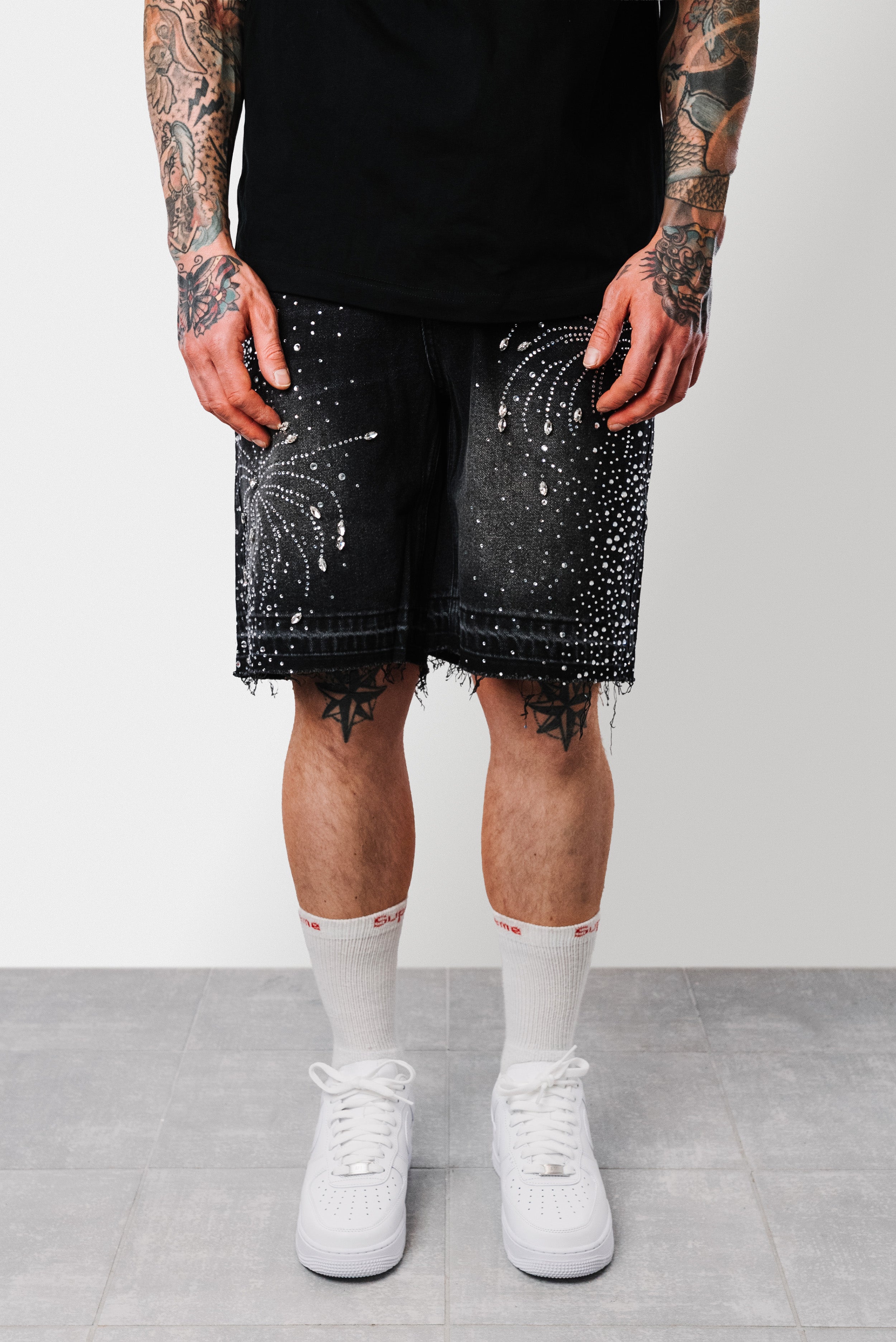 FIREWORKS BLACK DENIM SHORTS - Shoebuya Design