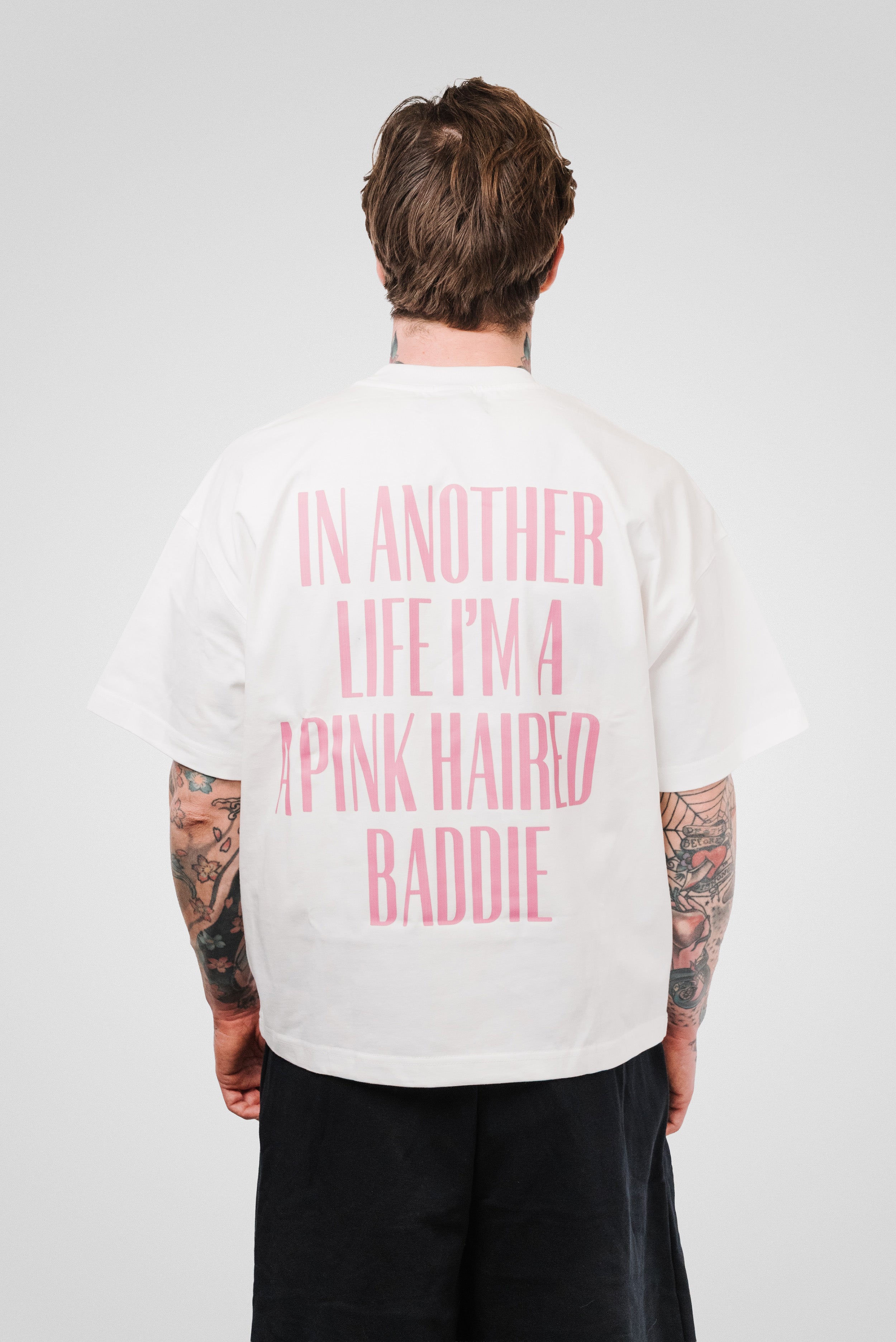 PINK HAIRED BADDIE WHITE TEE - Shoebuya Design