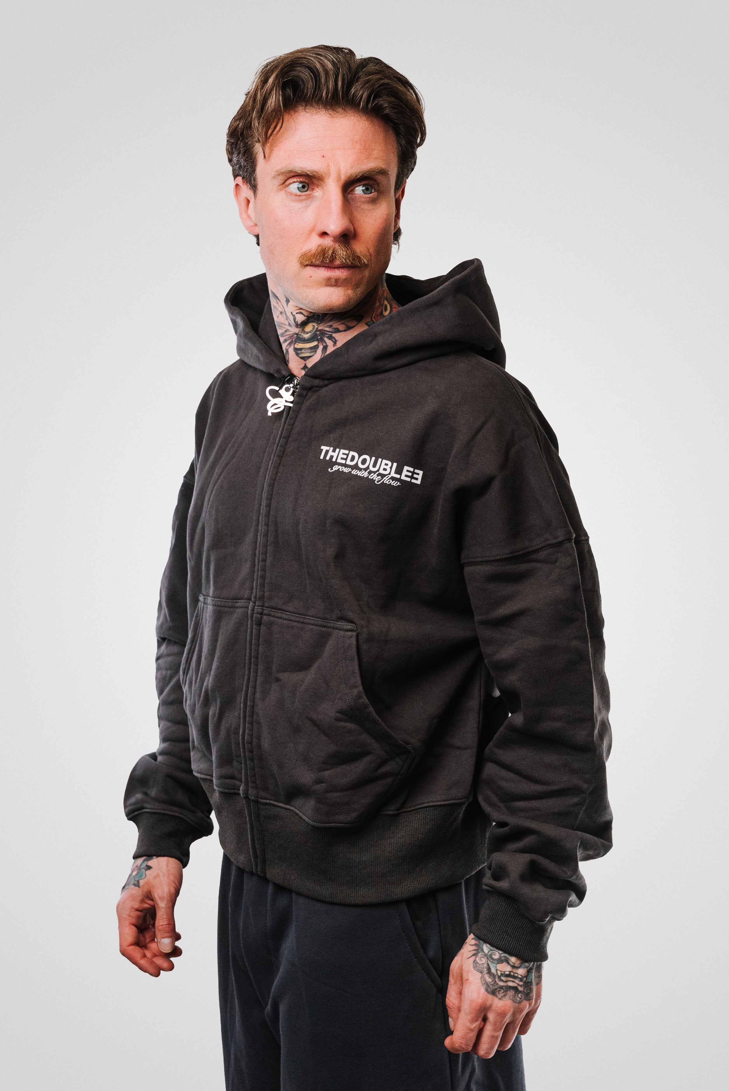 PATCH LOGO DARK GREY ZIP HOODIE - TheDoubleE