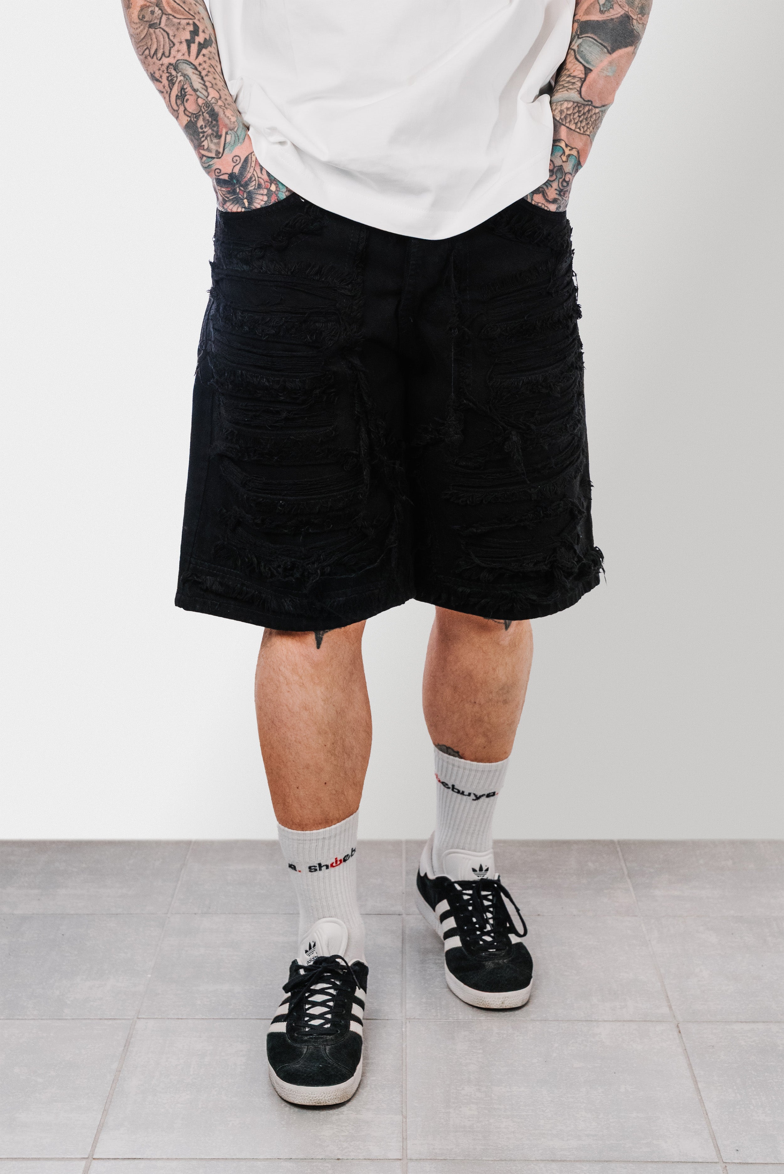 RIPPED BLACK DENIM SHORTS - Replacement Brand