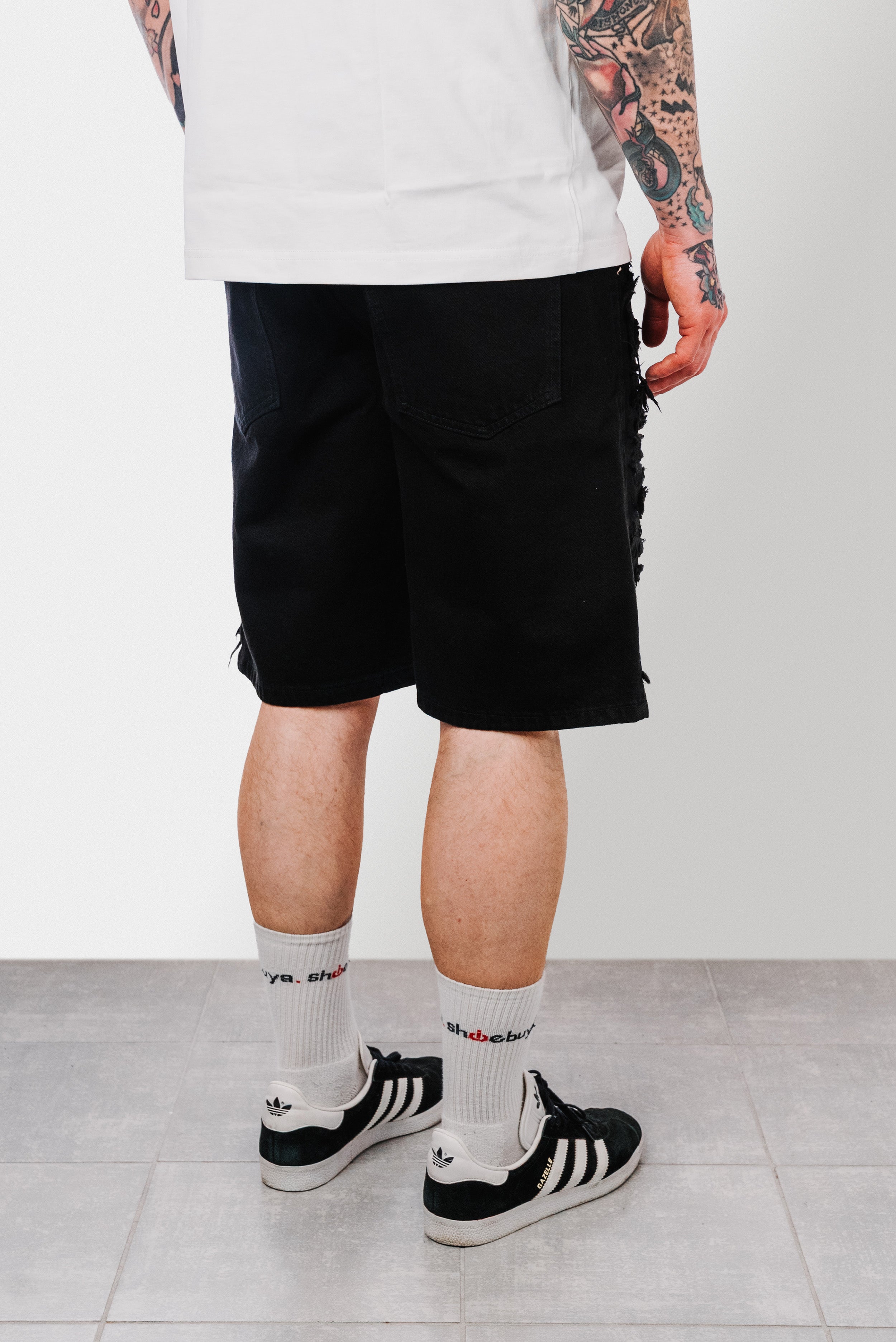 RIPPED BLACK DENIM SHORTS - Replacement Brand
