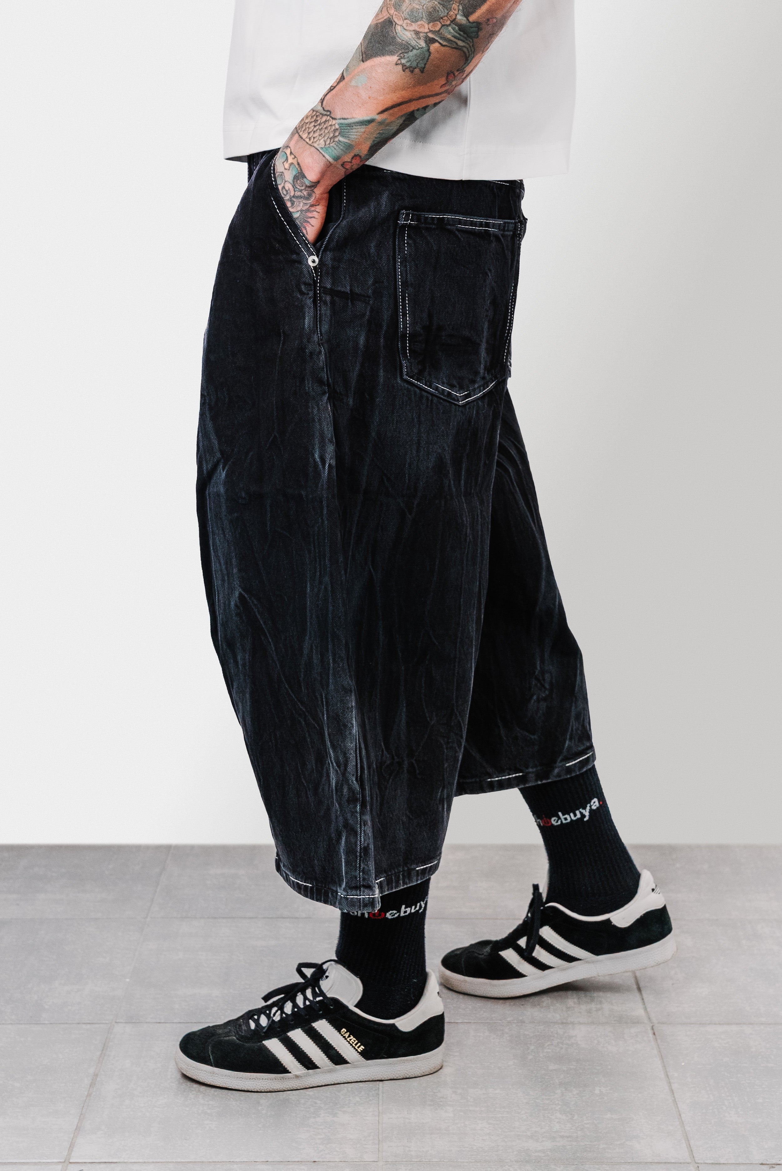 SEWN HOT BLACK DENIM JORTS - Shoebuya Design