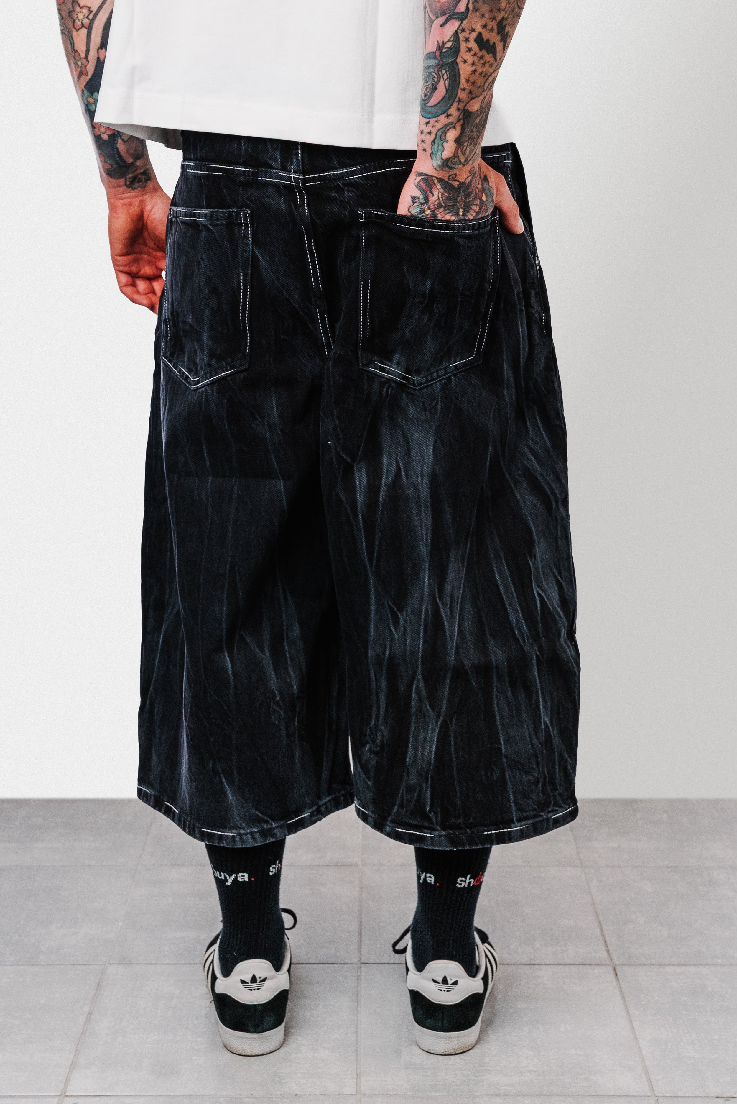 SEWN HOT BLACK DENIM JORTS - Shoebuya Design