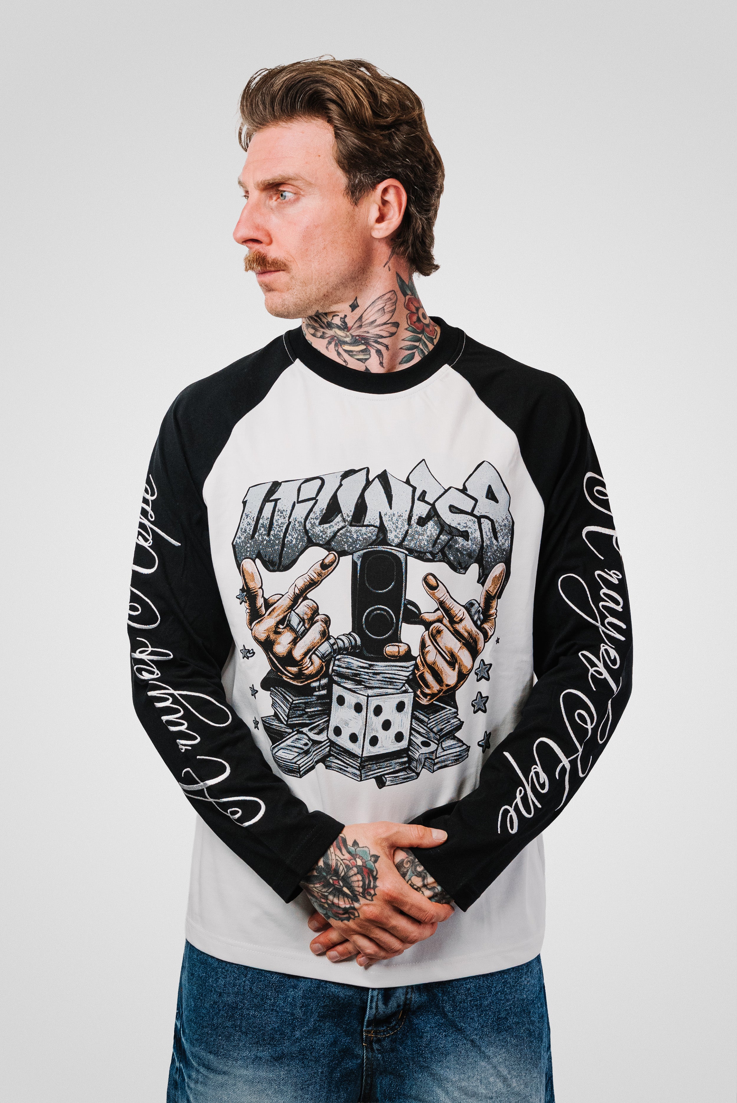 EMBROIDERED SLEEVE BLACK LONGSLEEVE FACE WHITE - Shoebuya Design
