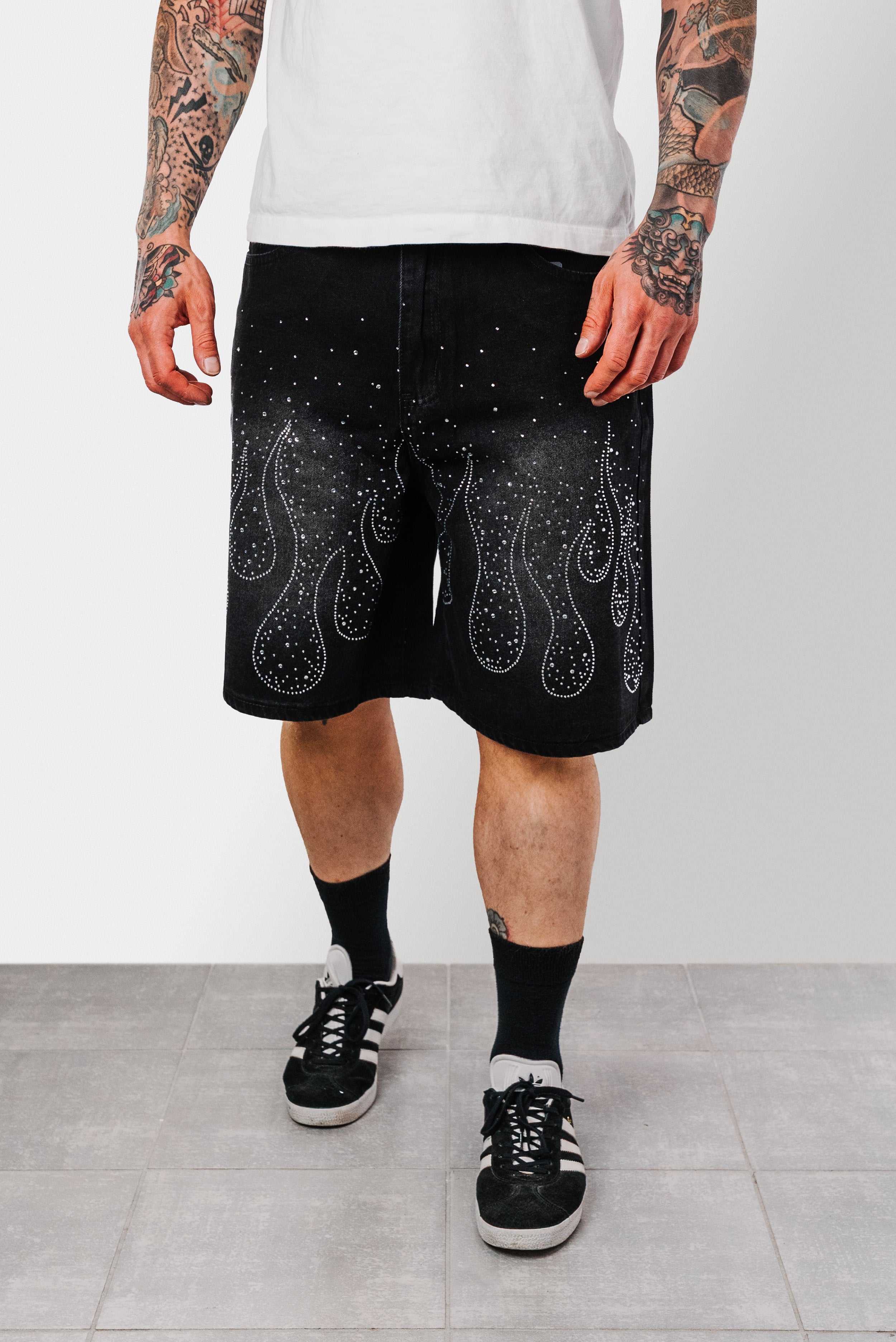 FLAME STRASS BLACK DENIM SHORTS - Shoebuya Design