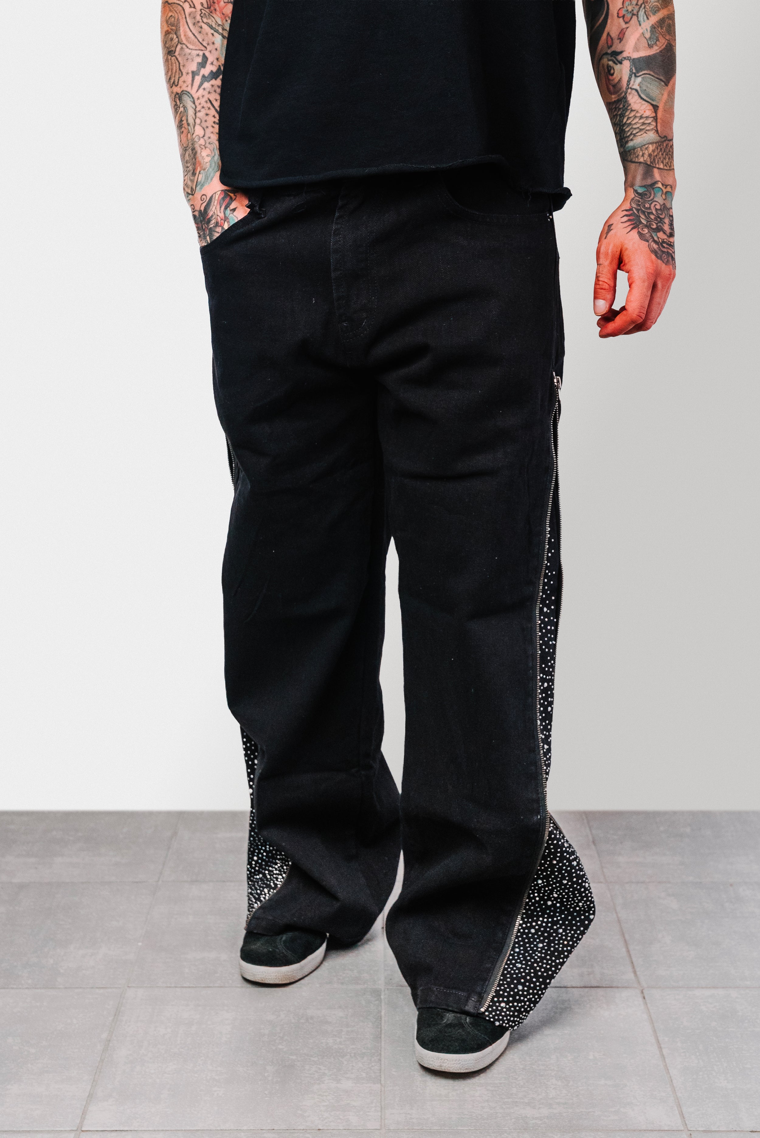 ZIP GLITTER FULL LENGHT BLACK DENIM JEANS - Replacement Brand