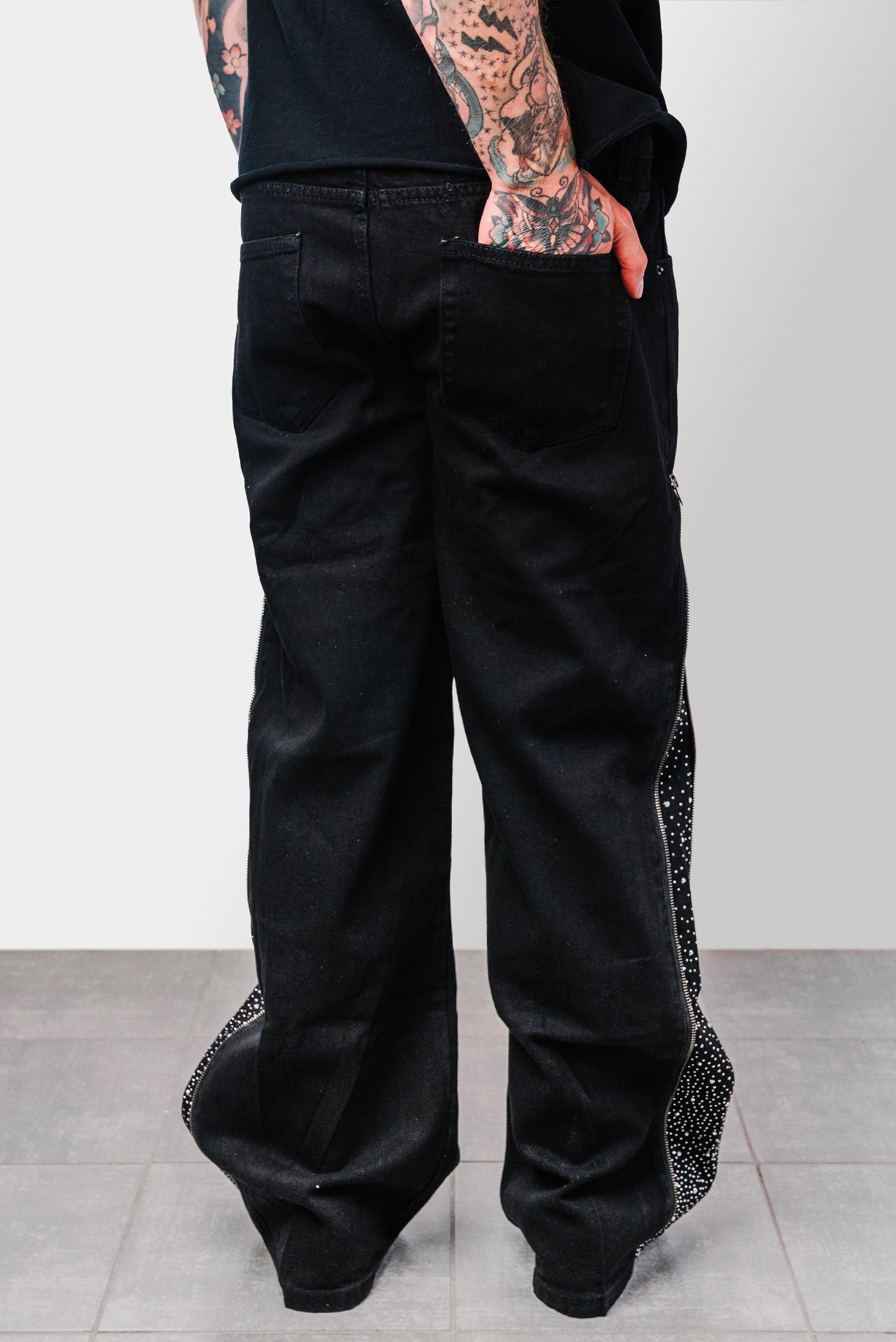ZIP GLITTER FULL LENGHT BLACK DENIM JEANS - Replacement Brand
