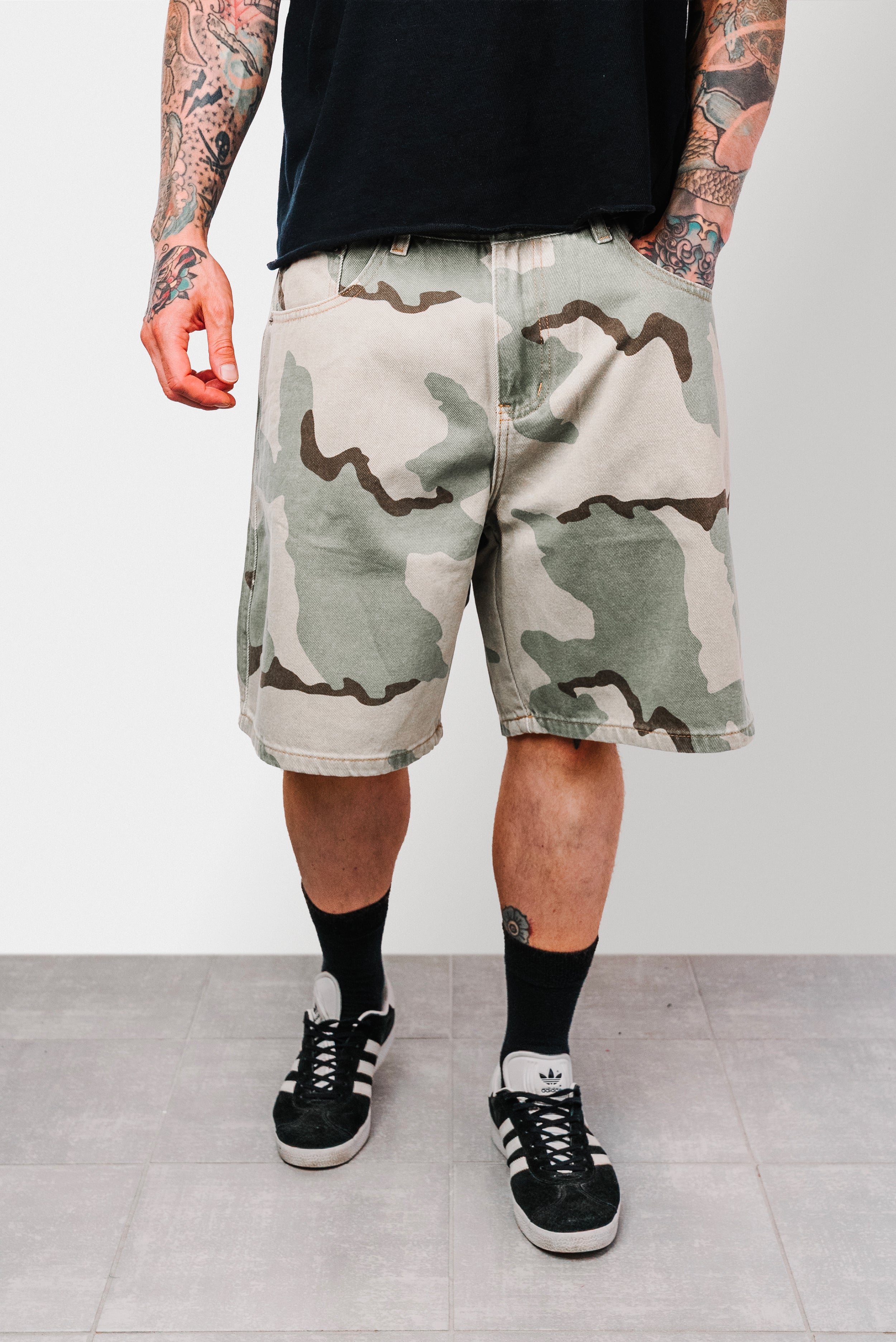 WAR CAMO DENIM JORTS - Shoebuya Design