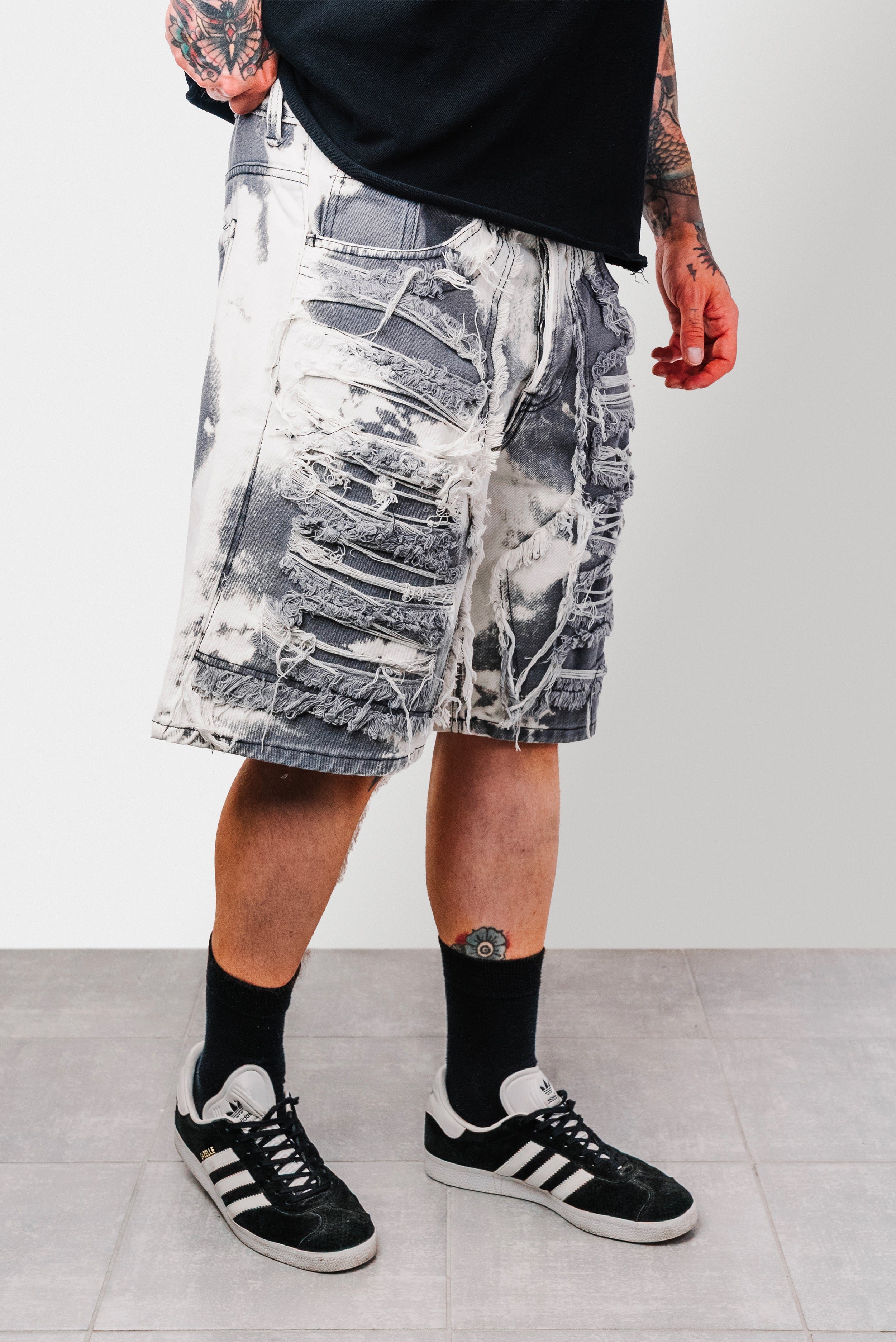 SMOKE GREY RIPPED DENIM JORTS - Replacement Brand