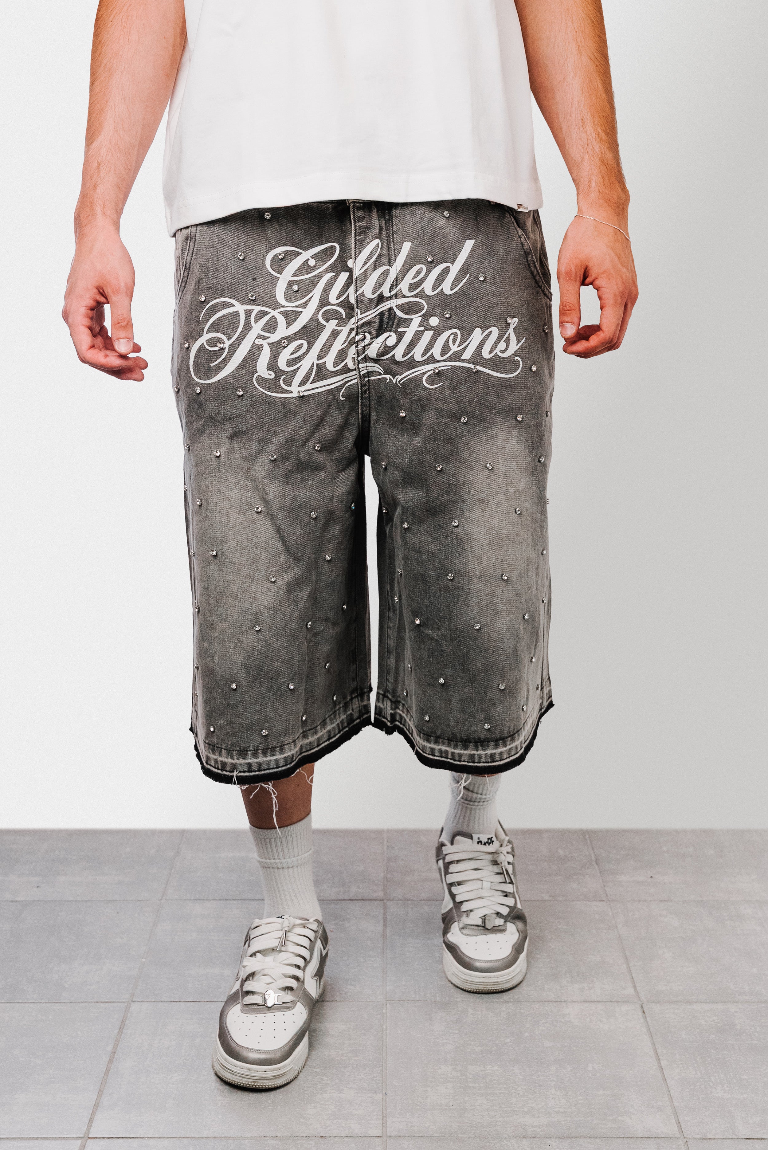 GILDEN GLITTER FLARED DENIM GREY SHORTS - Shoebuya Design