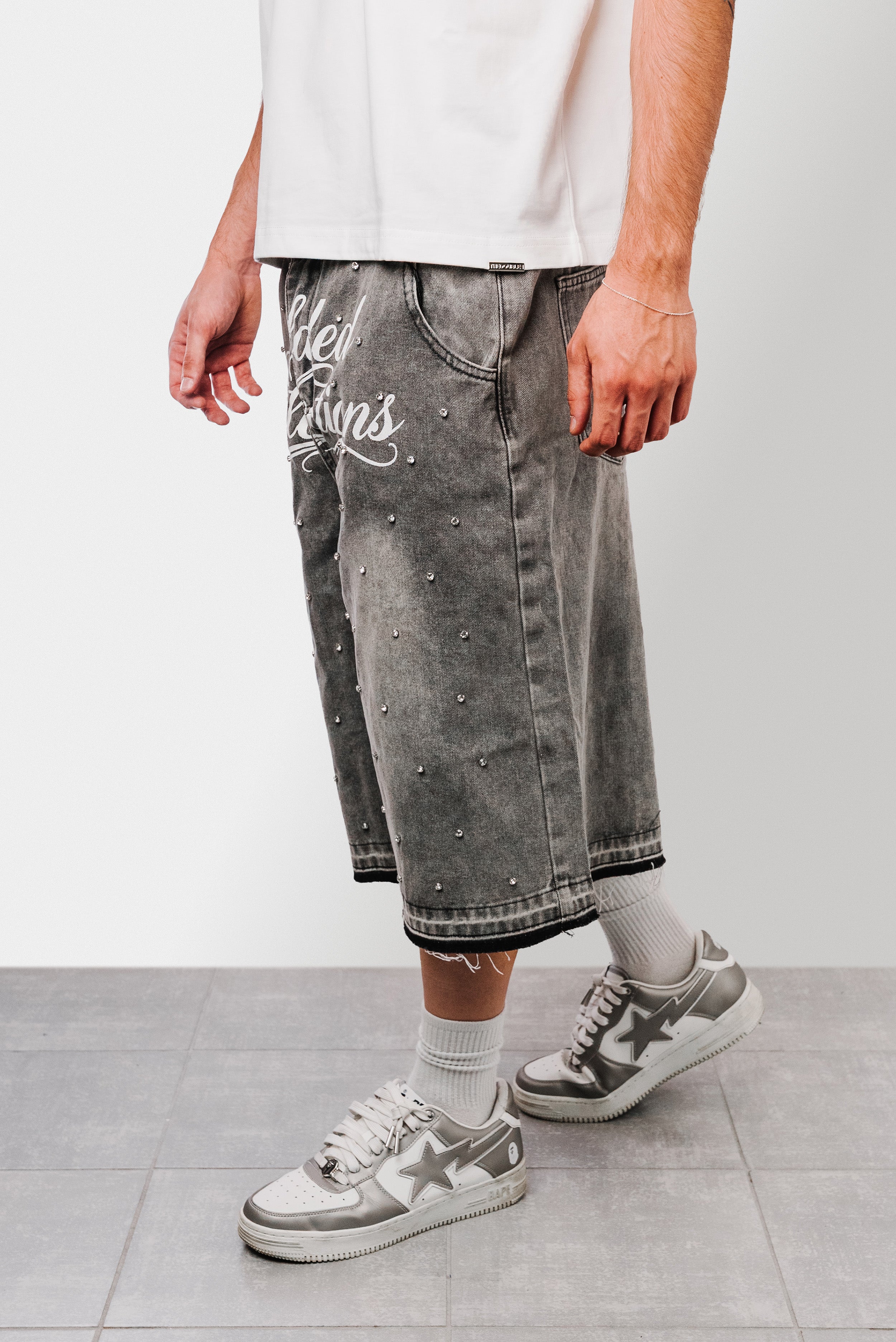 GILDEN GLITTER FLARED DENIM GREY SHORTS - Shoebuya Design