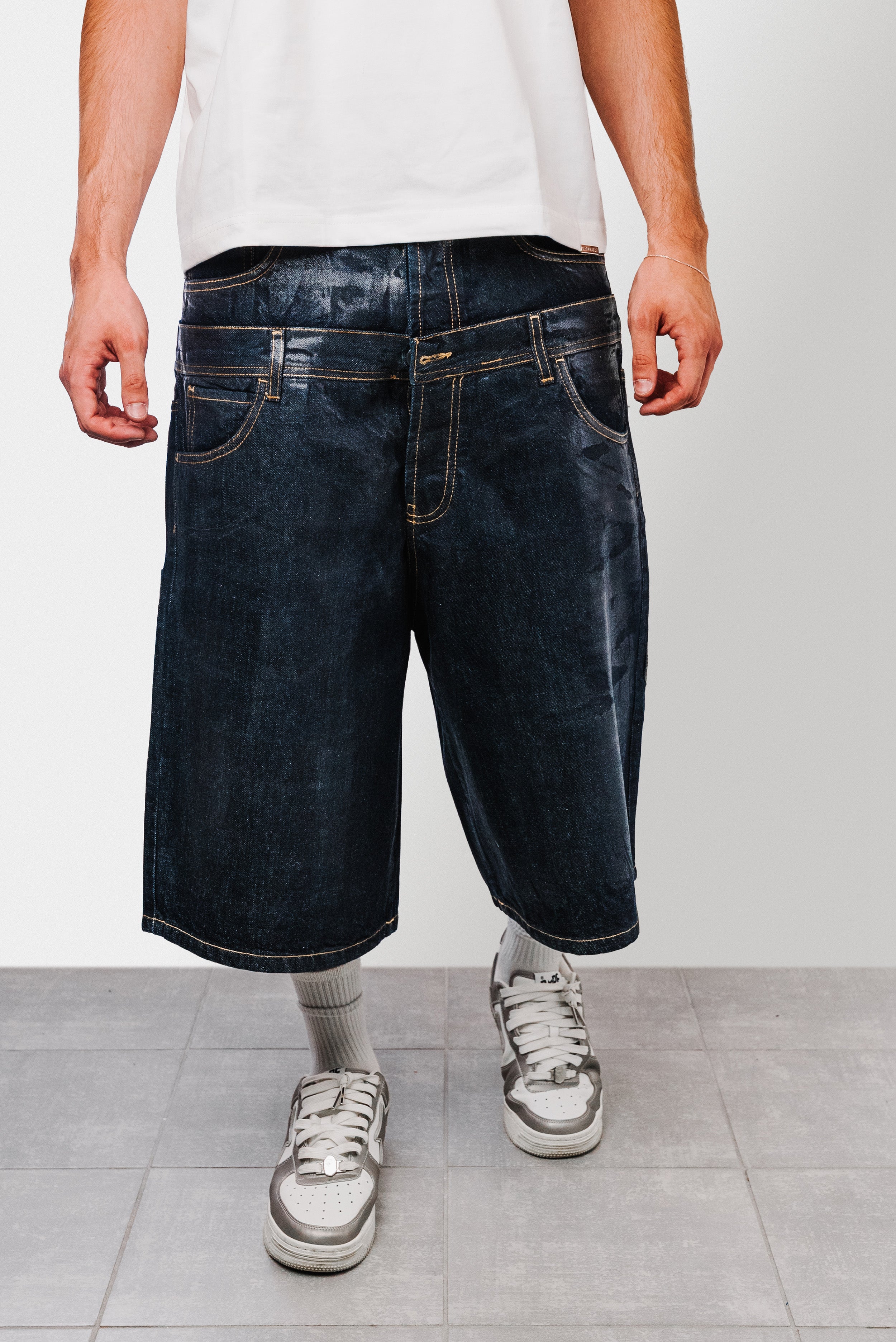 DOUBLE RAW WASH DENIM JORTS - Butish Brand