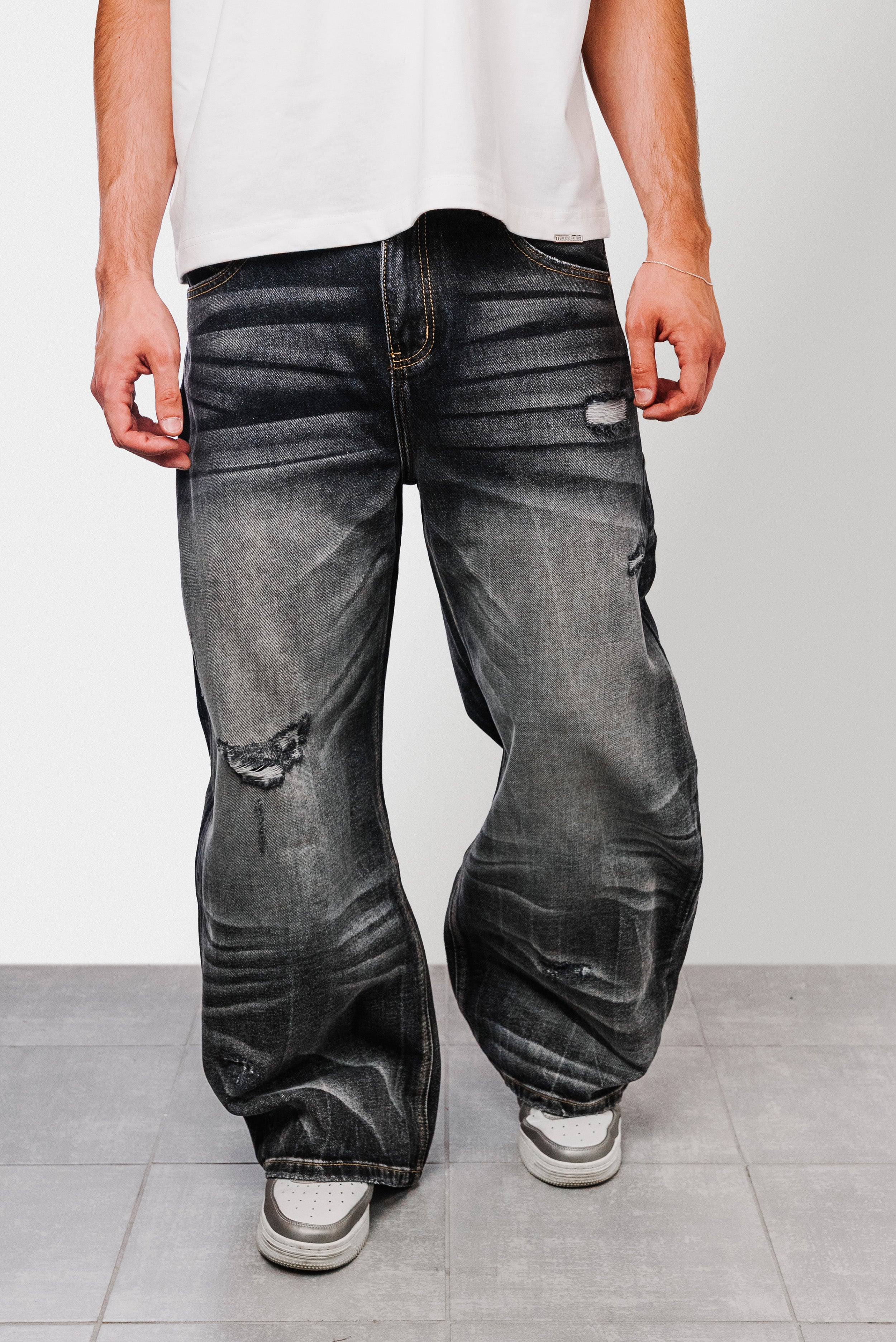 BELFES BAGGY BLACK WASHED DENIM JEANS - Shoebuya Design