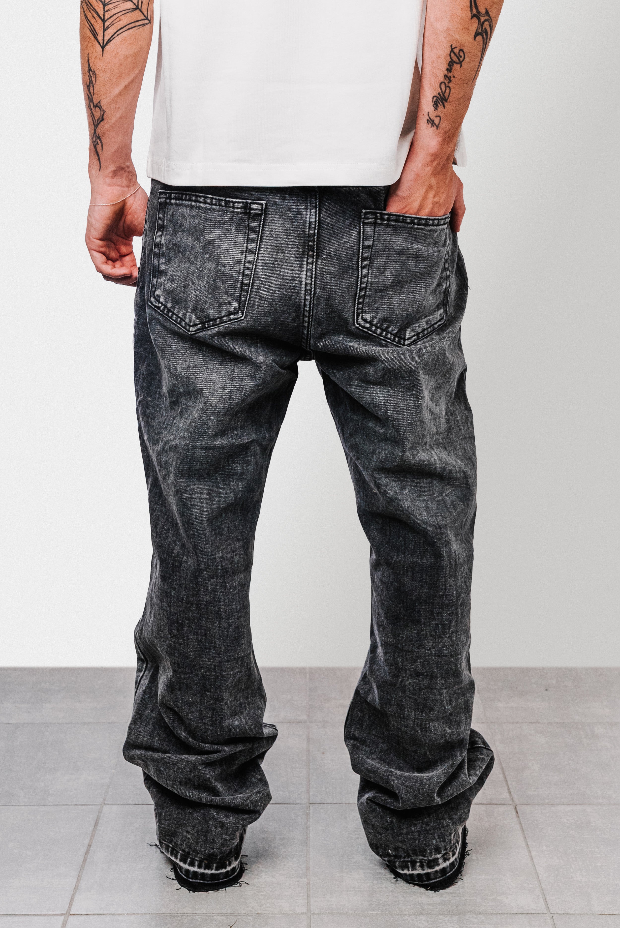 WASHED BLACK DENIM FLARE JEANS - Replacement Brand
