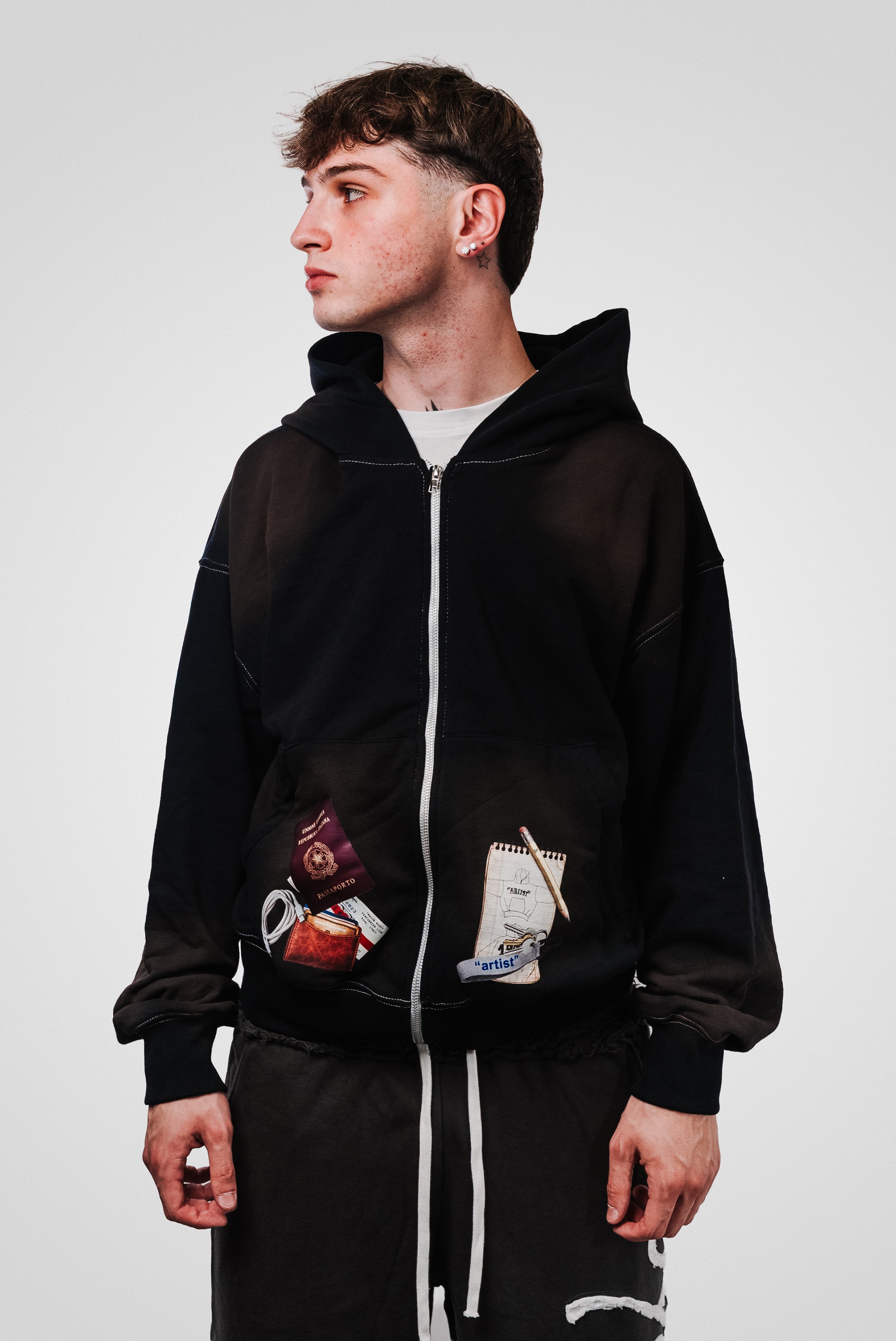 WASHED BLACK BRONZE PRINT BASIC ZIP HOODIE - ALESSIO GIFFI