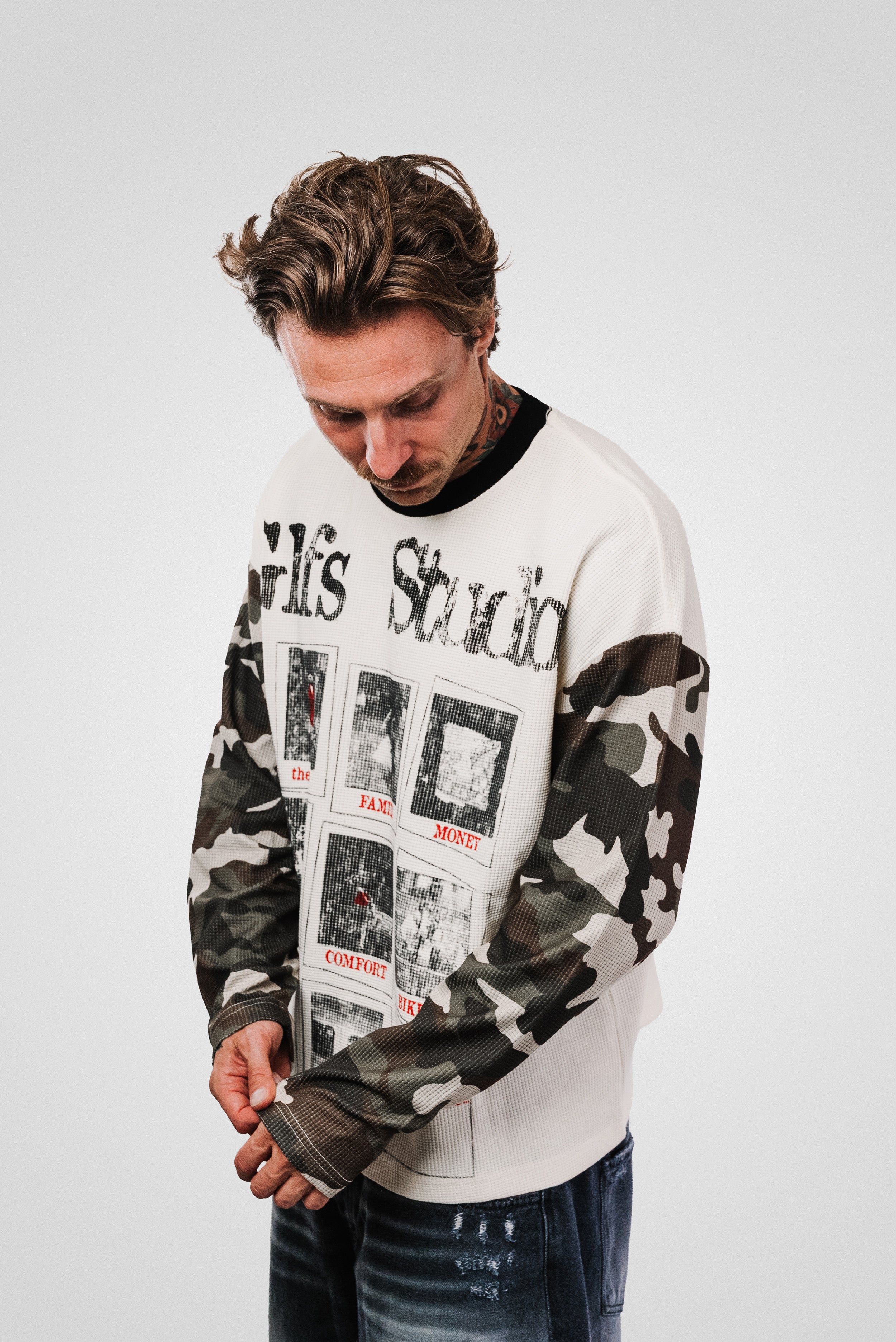 PHOTO CAMO SLEEVE WAFFLE LONGSLEEVE CREAM - Shoebuya Design