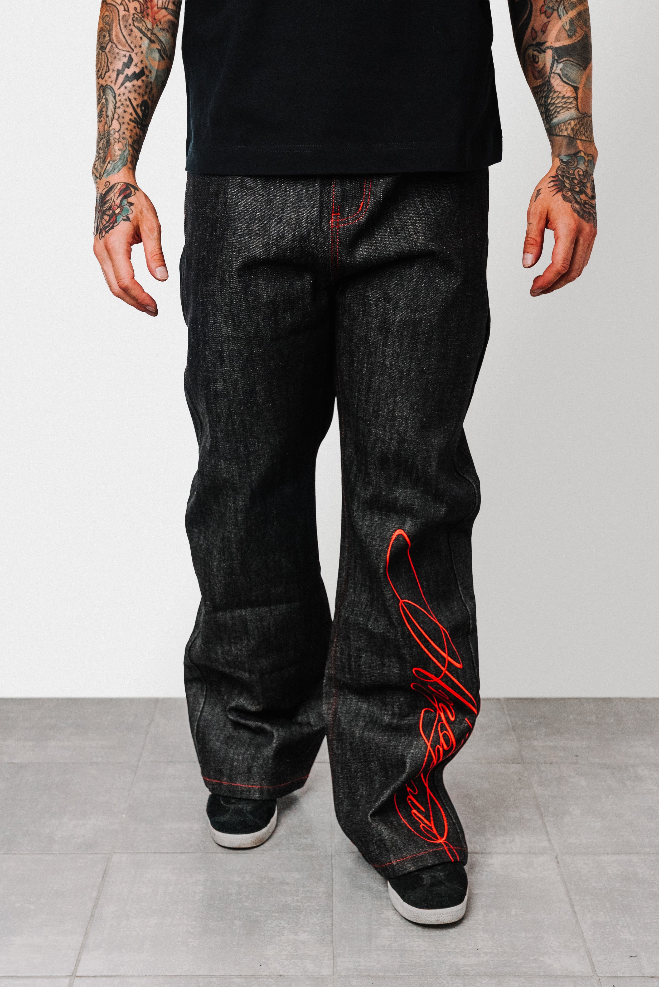 RED TATTOO RAW BLACK DENIM JEANS - Shoebuya Design