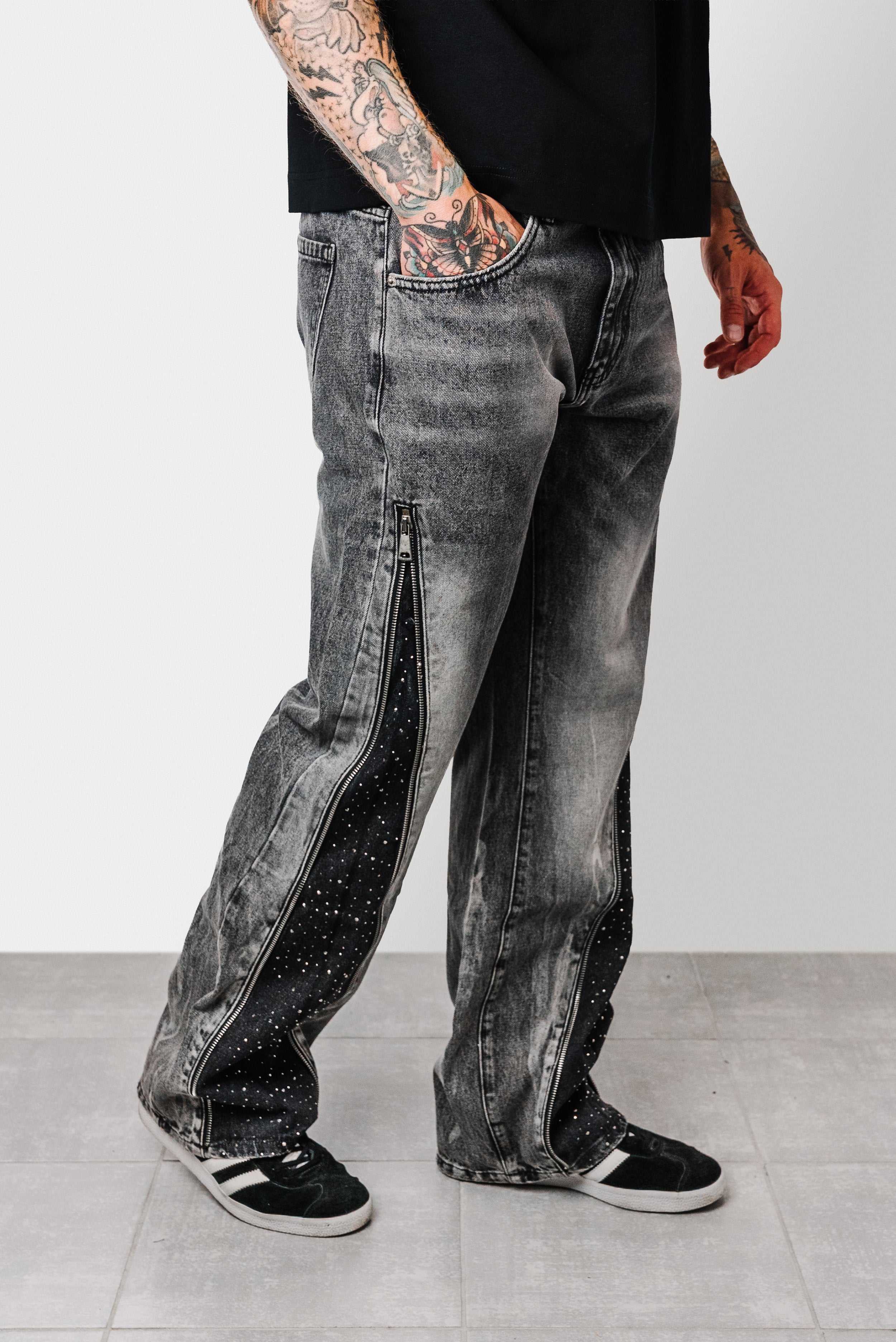 FULL ZIP GLITTER WASHED BLACK JEANS - Replacement Brand