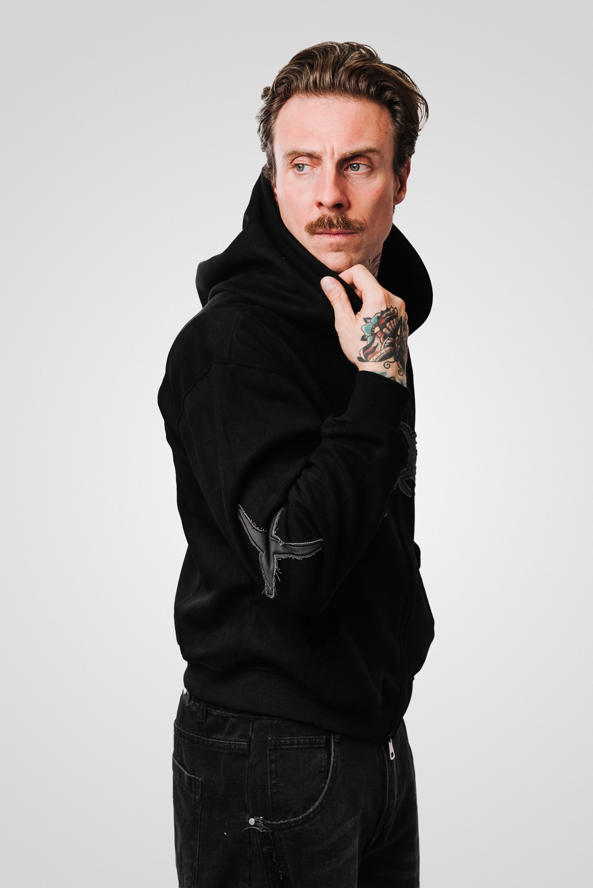 BLACK SUEDE PATCH HOODIE - Shoebuya Design