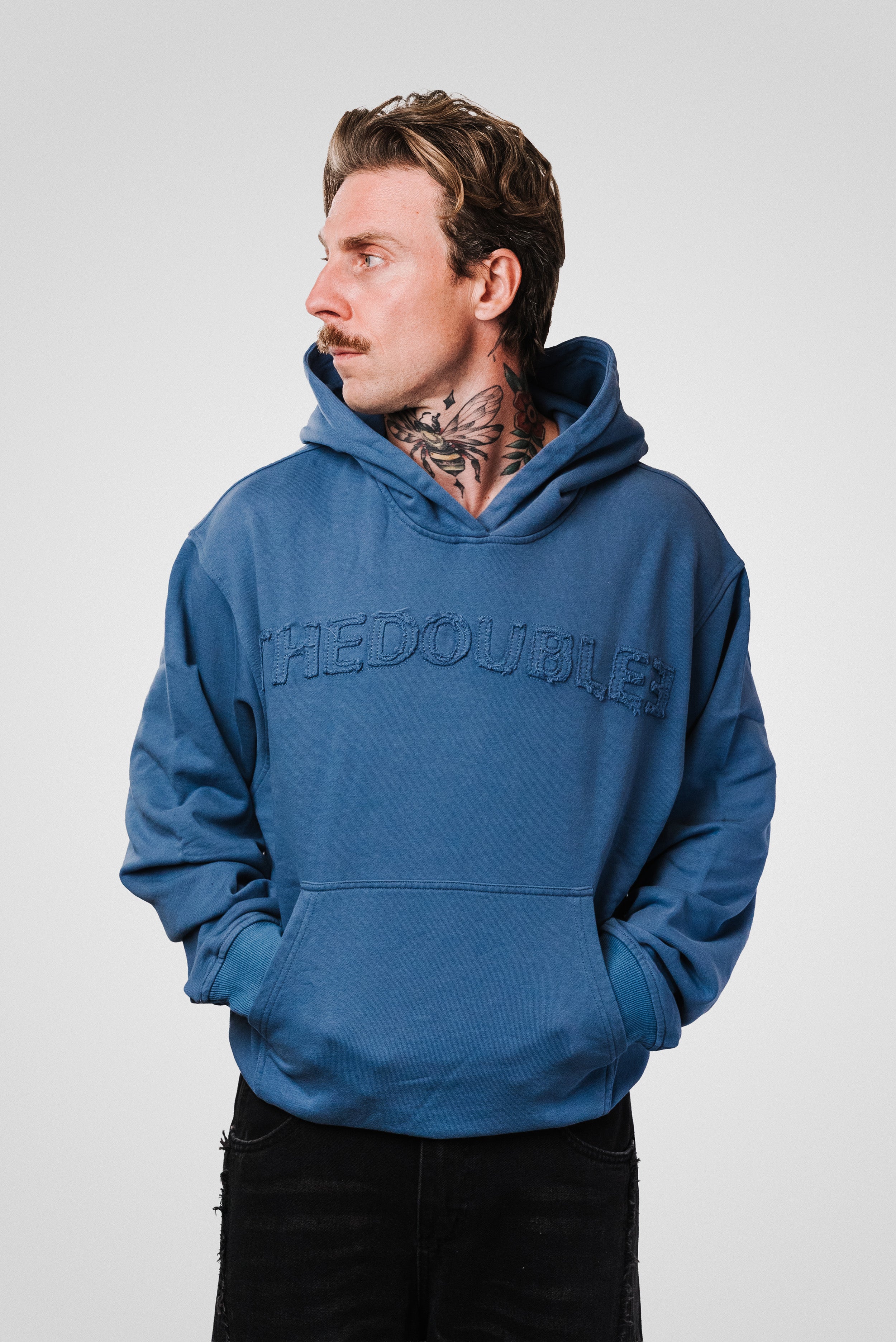 PATCHES LOGO ON TONE LIGHT BLUE HOODIE - TheDoubleE