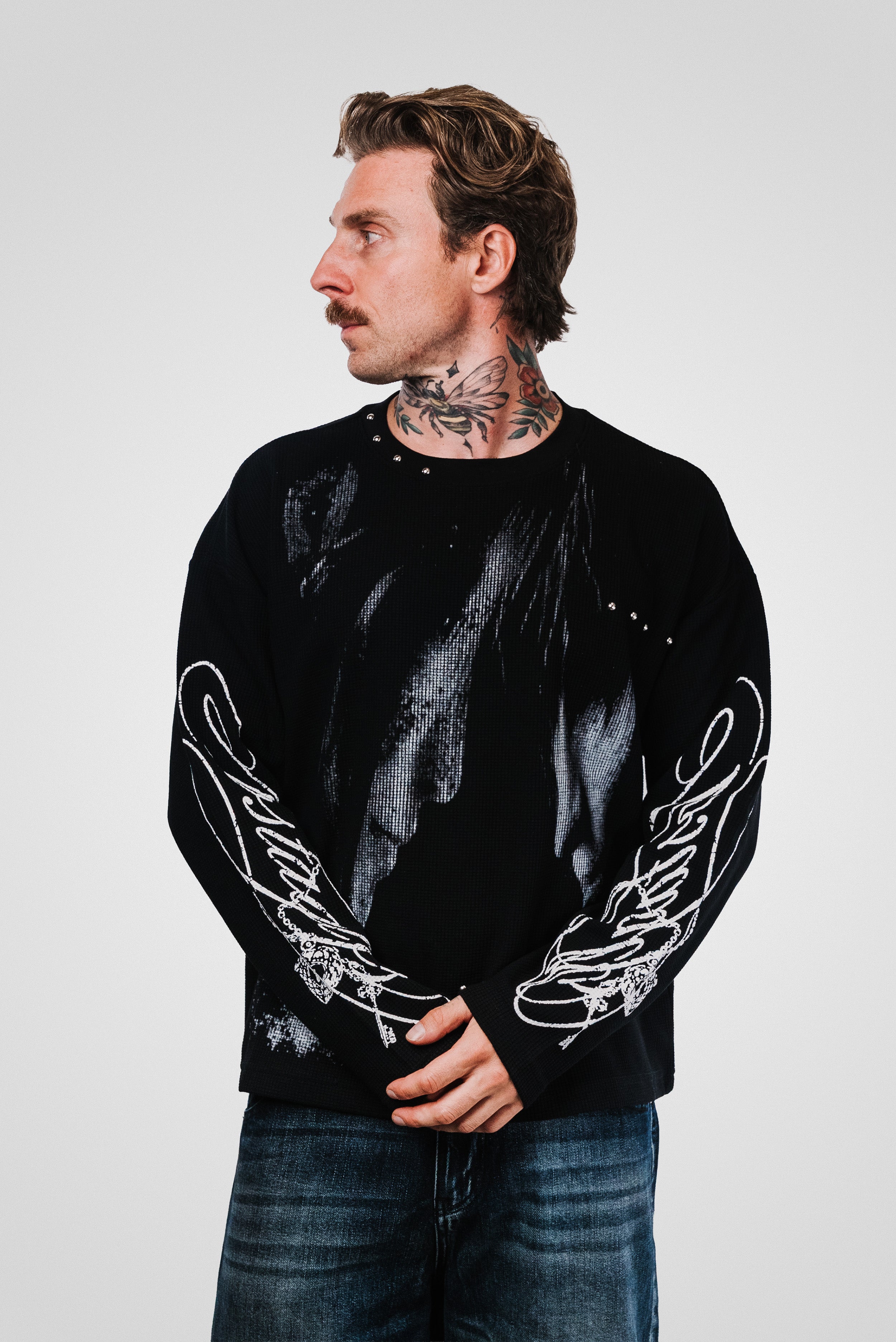 FACES DOTS BLACK WAFFLE LONGSLEEVE - Shoebuya Design