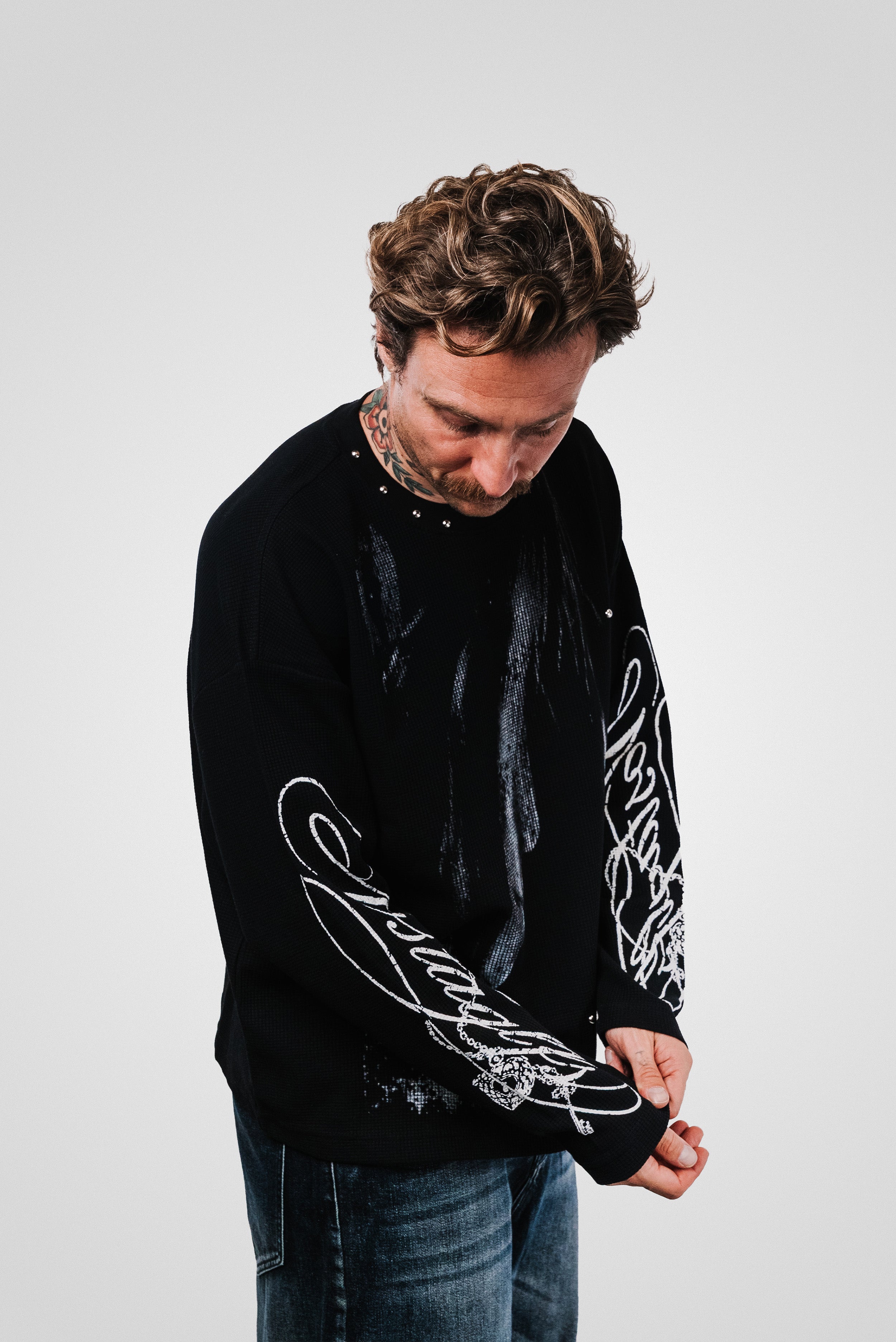 FACES DOTS BLACK WAFFLE LONGSLEEVE - Shoebuya Design