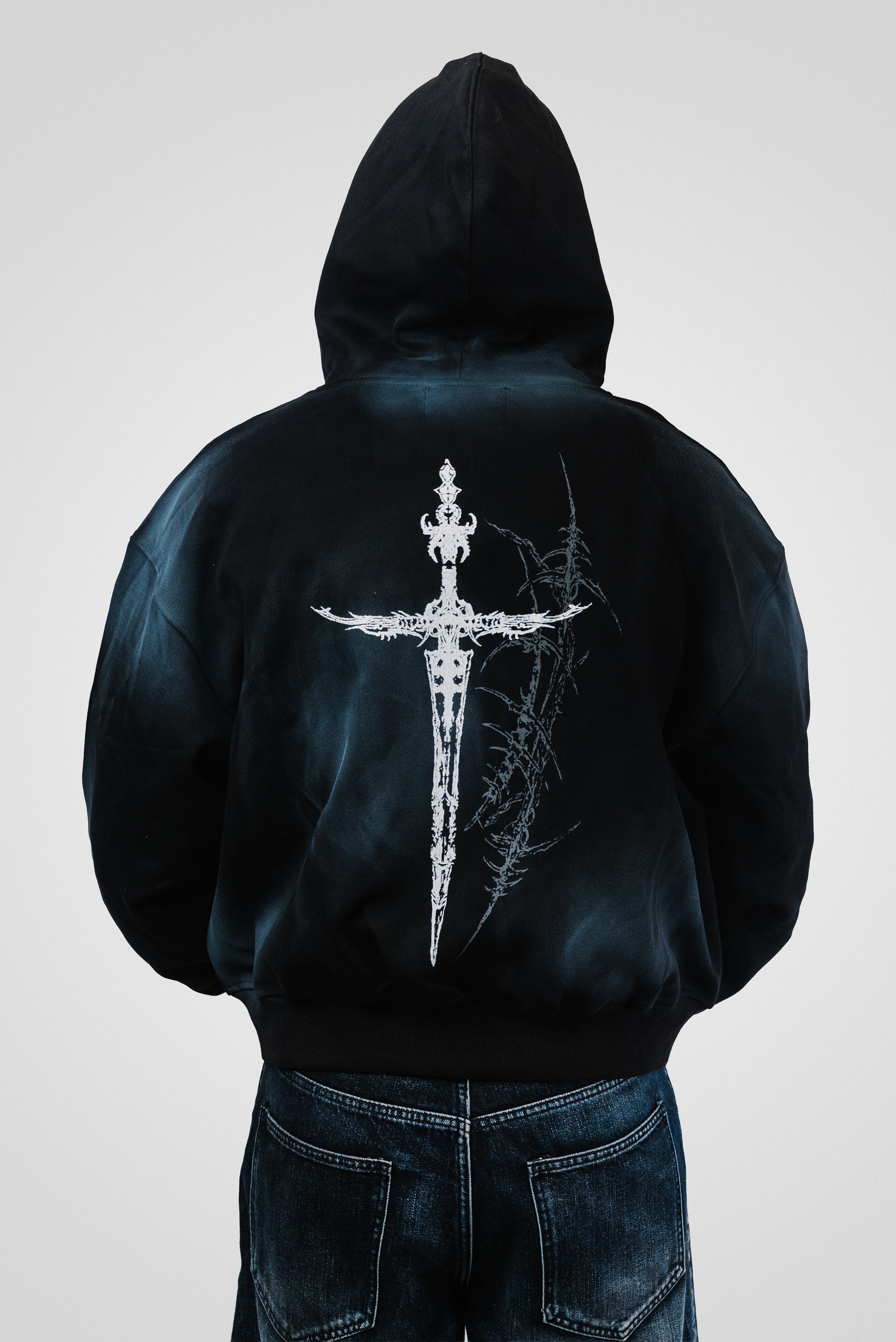 GOTHIC WASHED BLACK HOODIE - Shoebuya Design