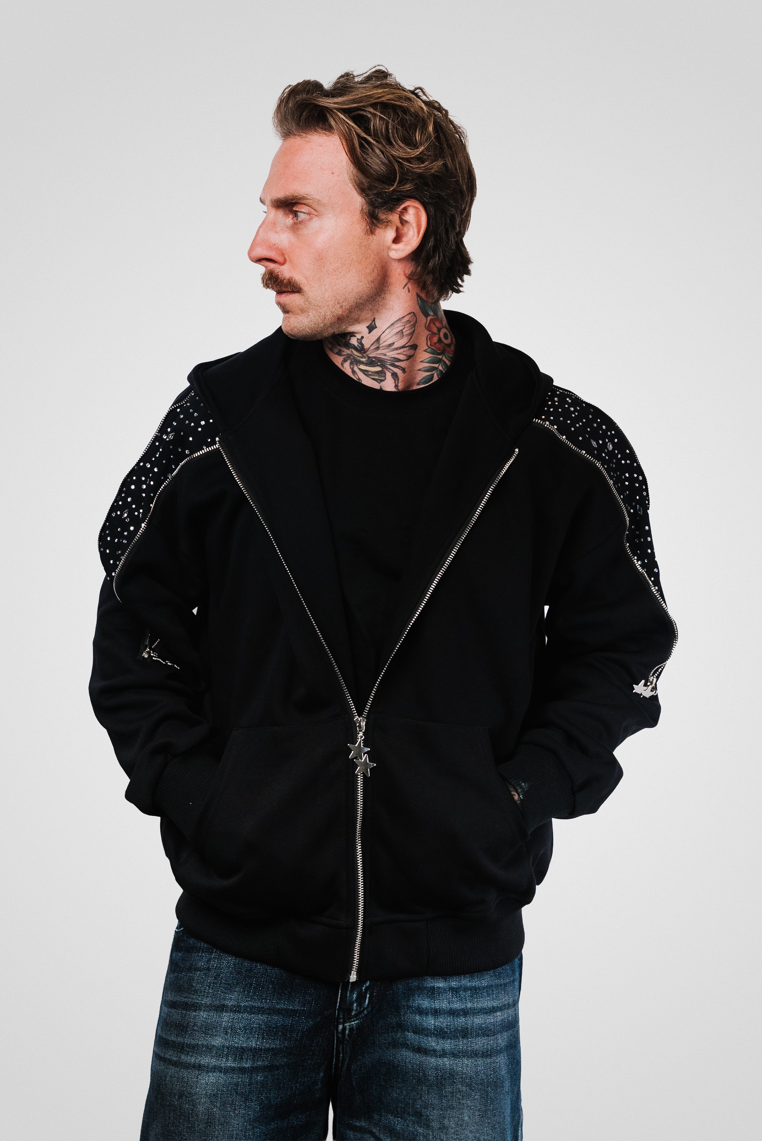 STRASS MULTI ZIP BLACK HOODIE - Shoebuya Design
