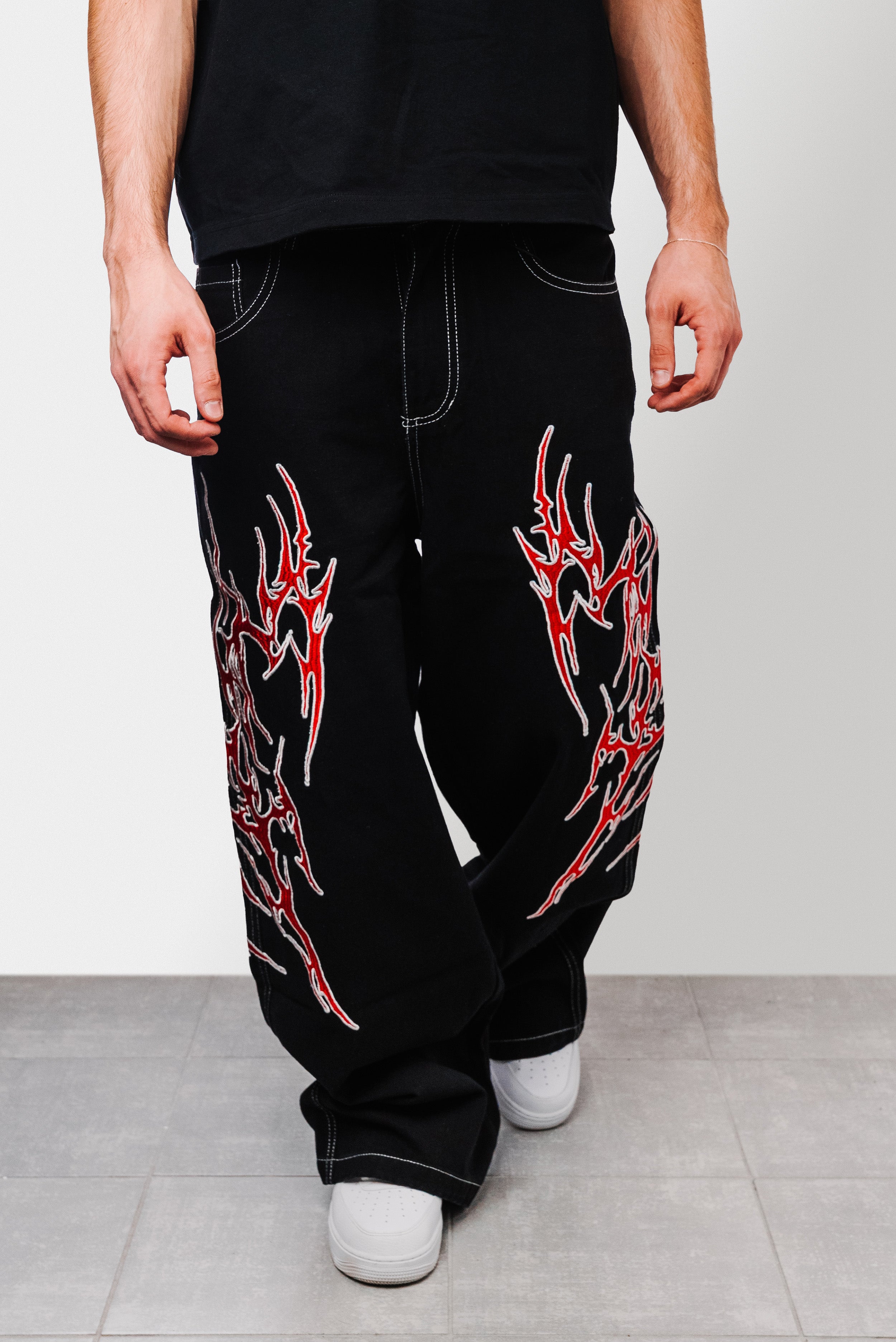 RED GOTHIC PATCH BLACK DENIM JEANS - Shoebuya Design