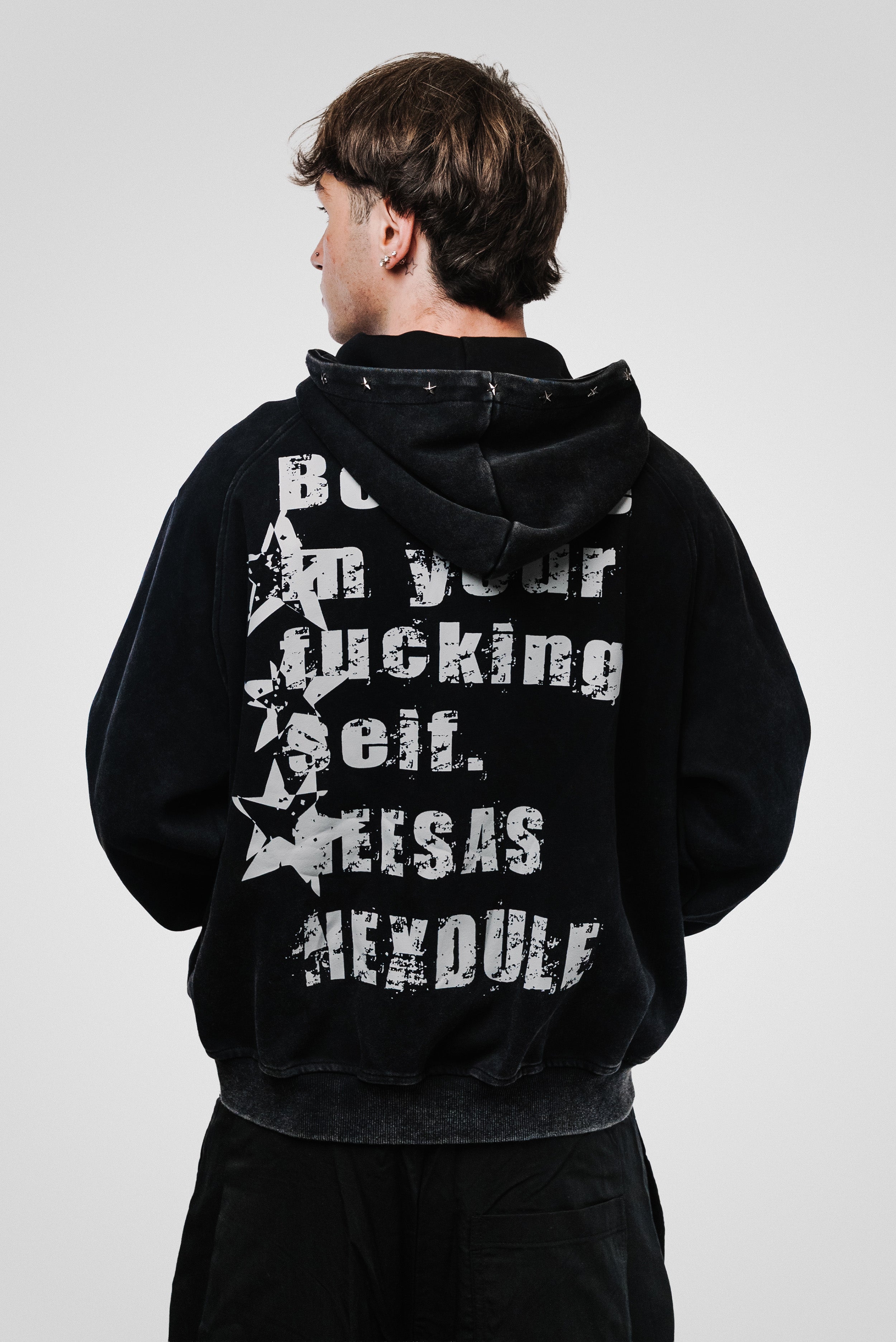 STAR PIERCING DOTS WASHED BLACK HOODIE - Shoebuya Design