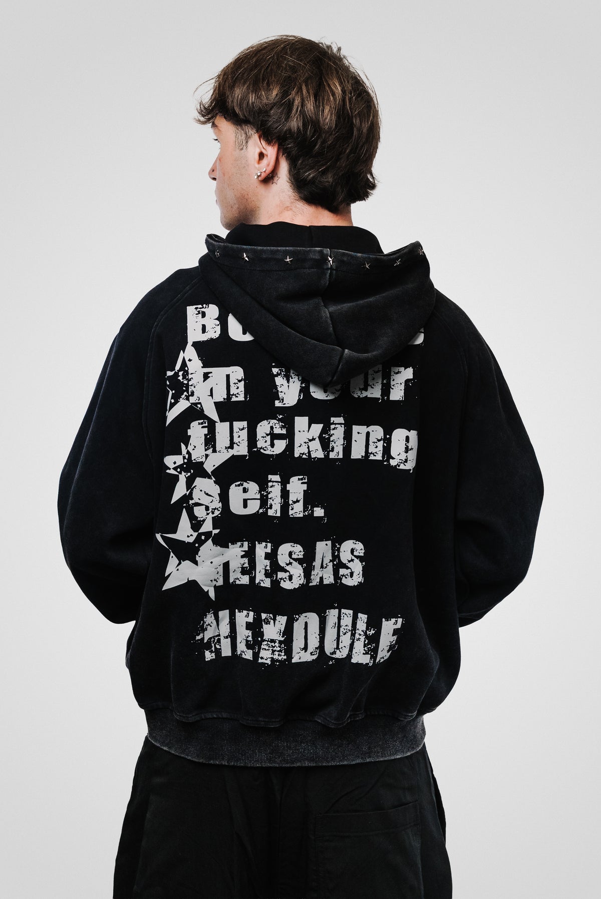STAR PIERCING DOTS WASHED BLACK HOODIE - Shoebuya Design