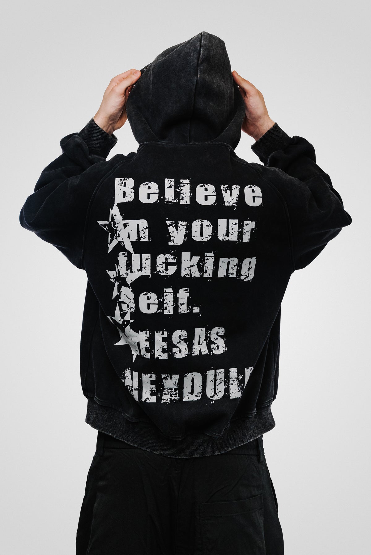 STAR PIERCING DOTS WASHED BLACK HOODIE - Shoebuya Design