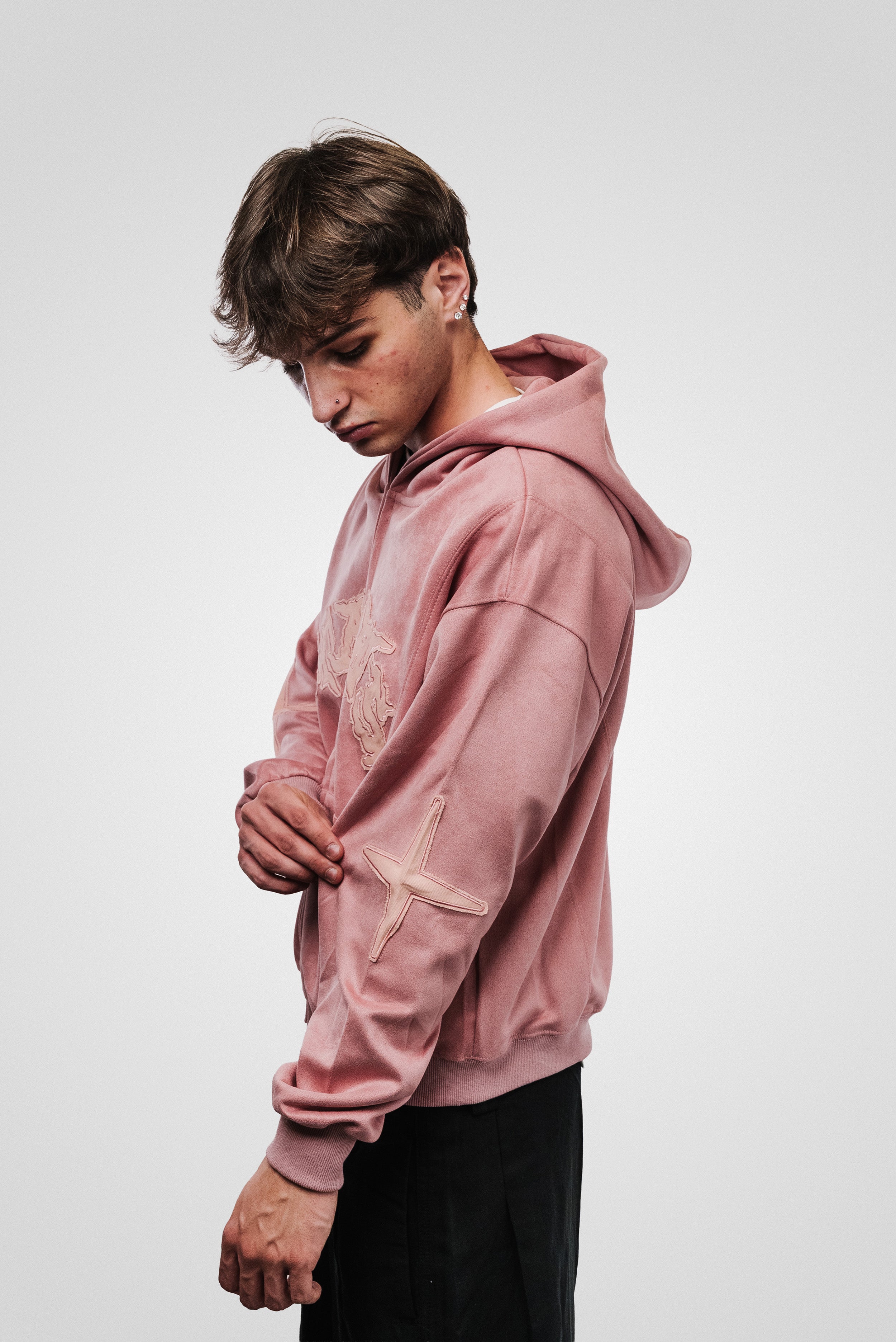 PINK SUEDE PATCH HOODIE - Shoebuya Design