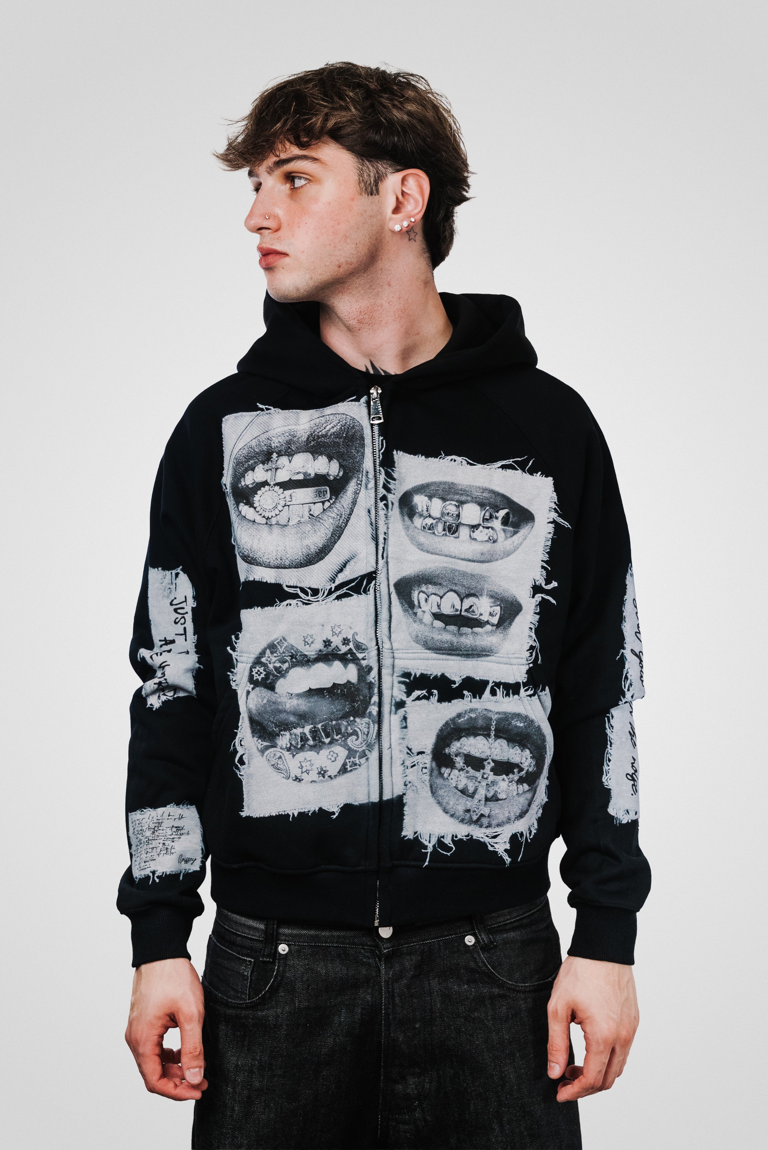 MOUTH PATCH B&W BLACK ZIP HOODIE - Noissey Brand