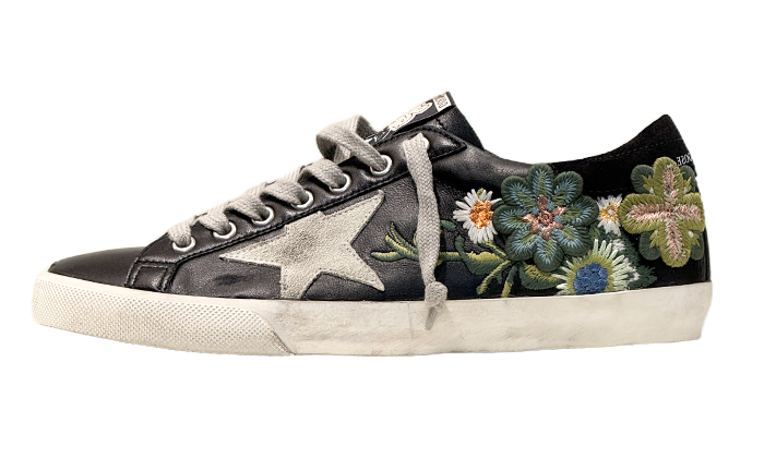 GOLDEN GOOSE SUPER STAR BLACK EMBROIDERED PATCH FLOWERS GREEN