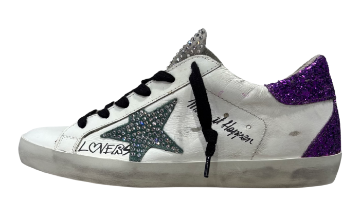GOLDEN GOOSE X SWAROVSKI SUPER STAR SUEDE TOE TONGUE TACCO PURPLE GLITTER