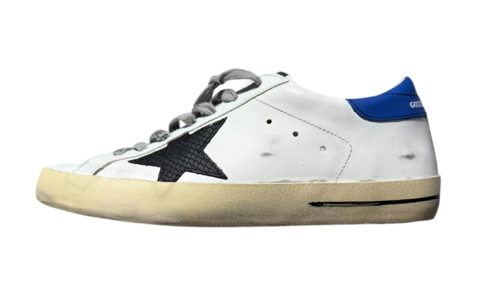 GOLDEN GOOSE SUPER STAR WHITE LEATHER BLACK CROCO STAR BLUE TAB