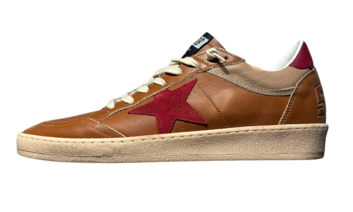 GOLDEN GOOSE BALLSTAR FULL BROWN LEATHER BURGUNDY STAR AND TAB